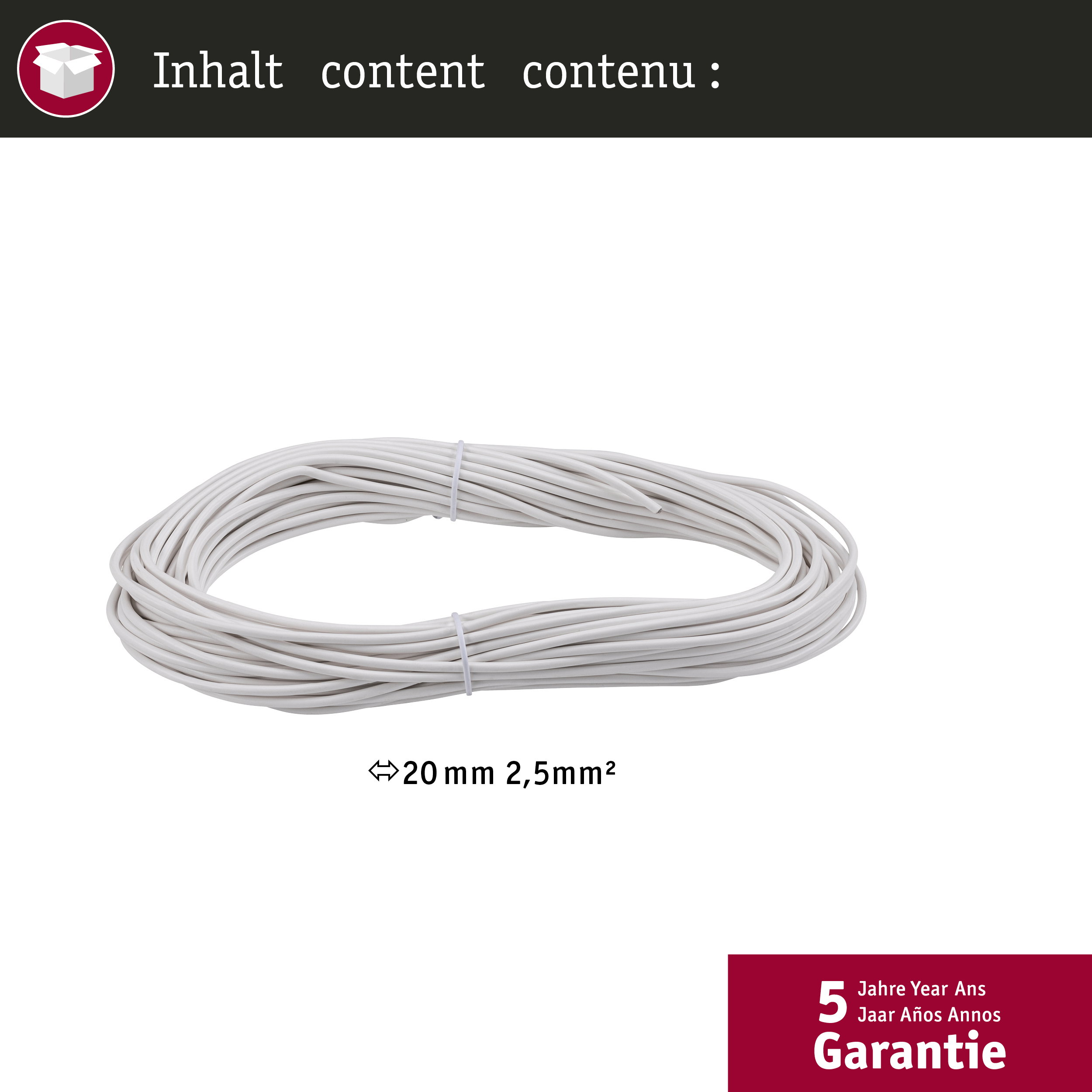 Eine Rolle weißes Kabel mit den Maßen 20 mm 2,5 mm² und 5 Jahre Garantie.