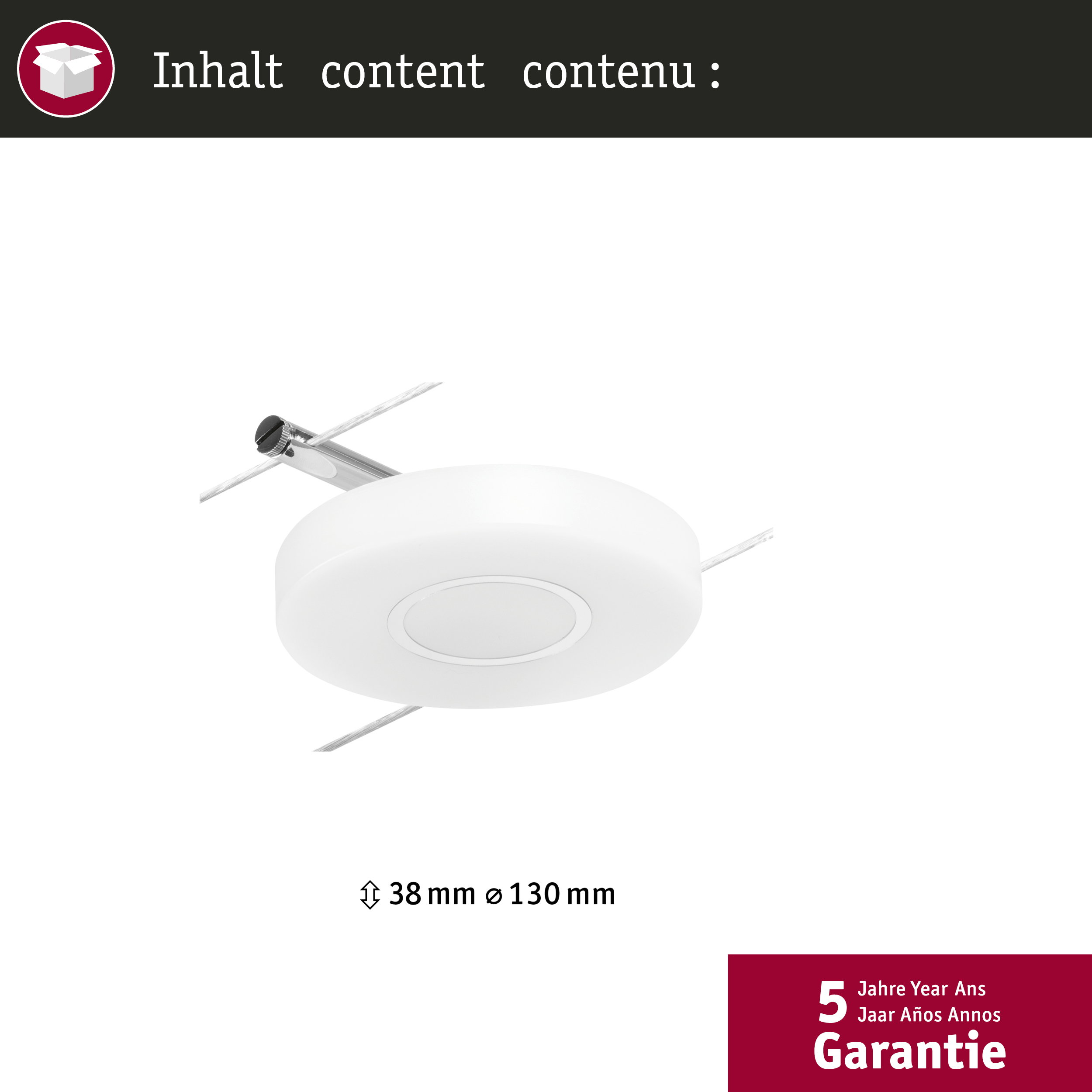 Un sensore rotondo bianco, altezza 38 mm, diametro 130 mm.