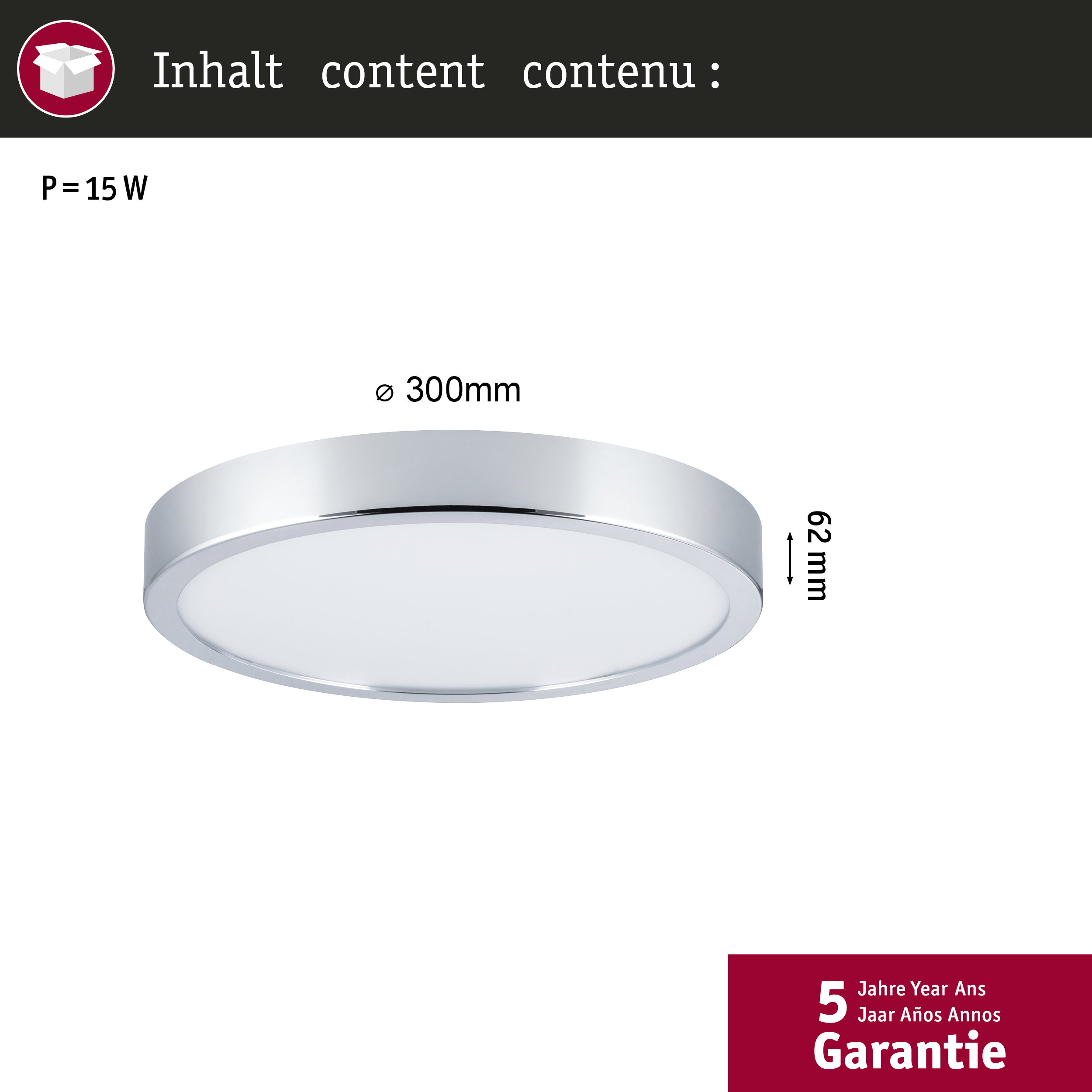 Una plafoniera rotonda con bordo cromato, diametro 300mm, altezza 62mm.