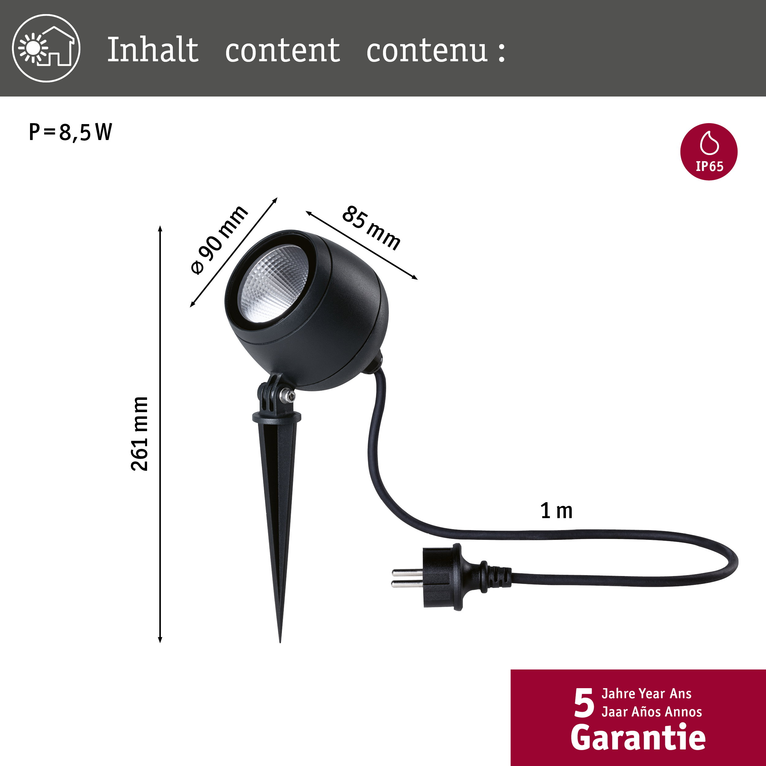 Czarny reflektor zewnętrzny z bolcem, 8,5W, średnica 90mm, wysokość 261mm, kabel 1m.