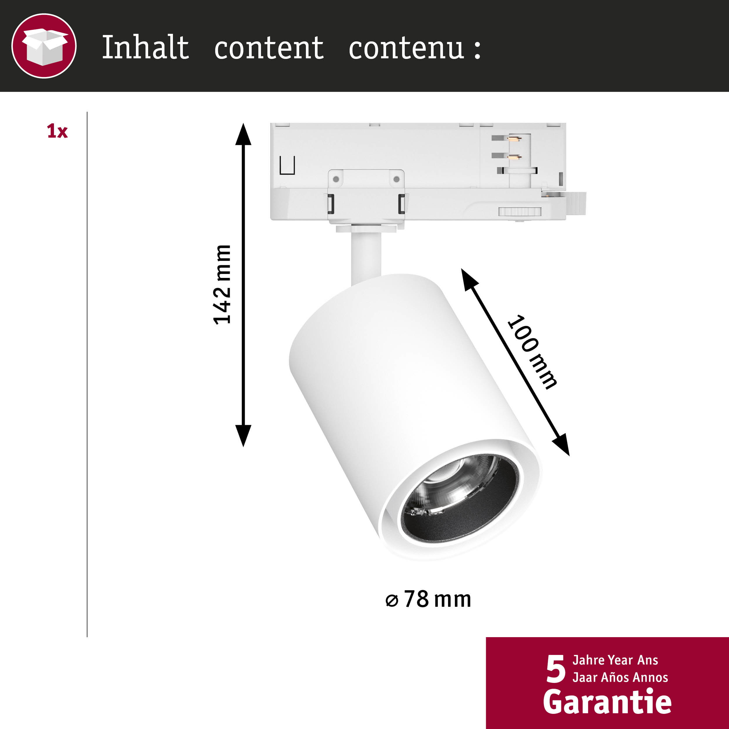 Weiße Schienenleuchte mit Maßangaben: 142mm Höhe, 100mm Länge, 78mm Durchmesser.
