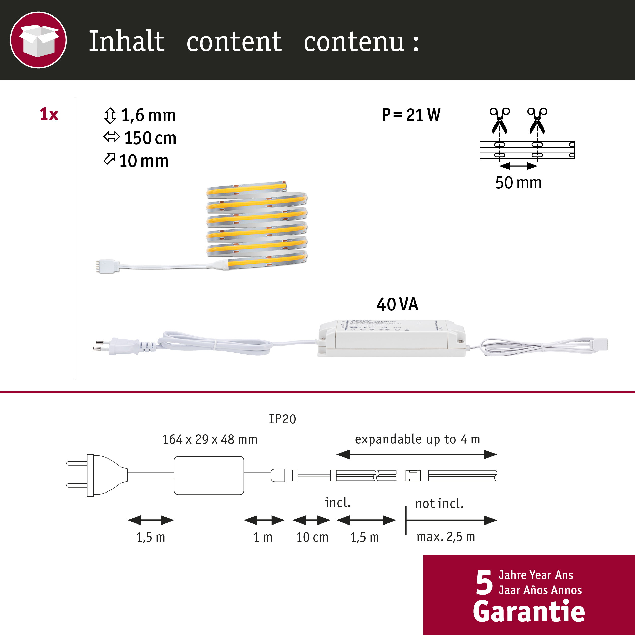 Striscia LED con alimentatore, dimensioni e garanzia.