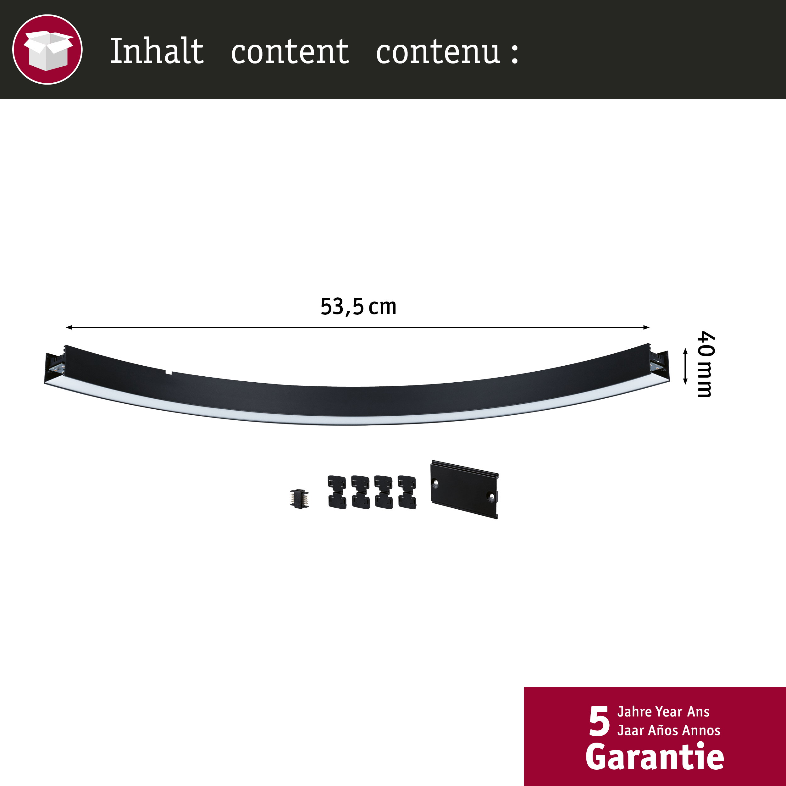 Czarna zakrzywiona listwa, dł. 53,5 cm, wys. 40 mm, z akcesoriami.