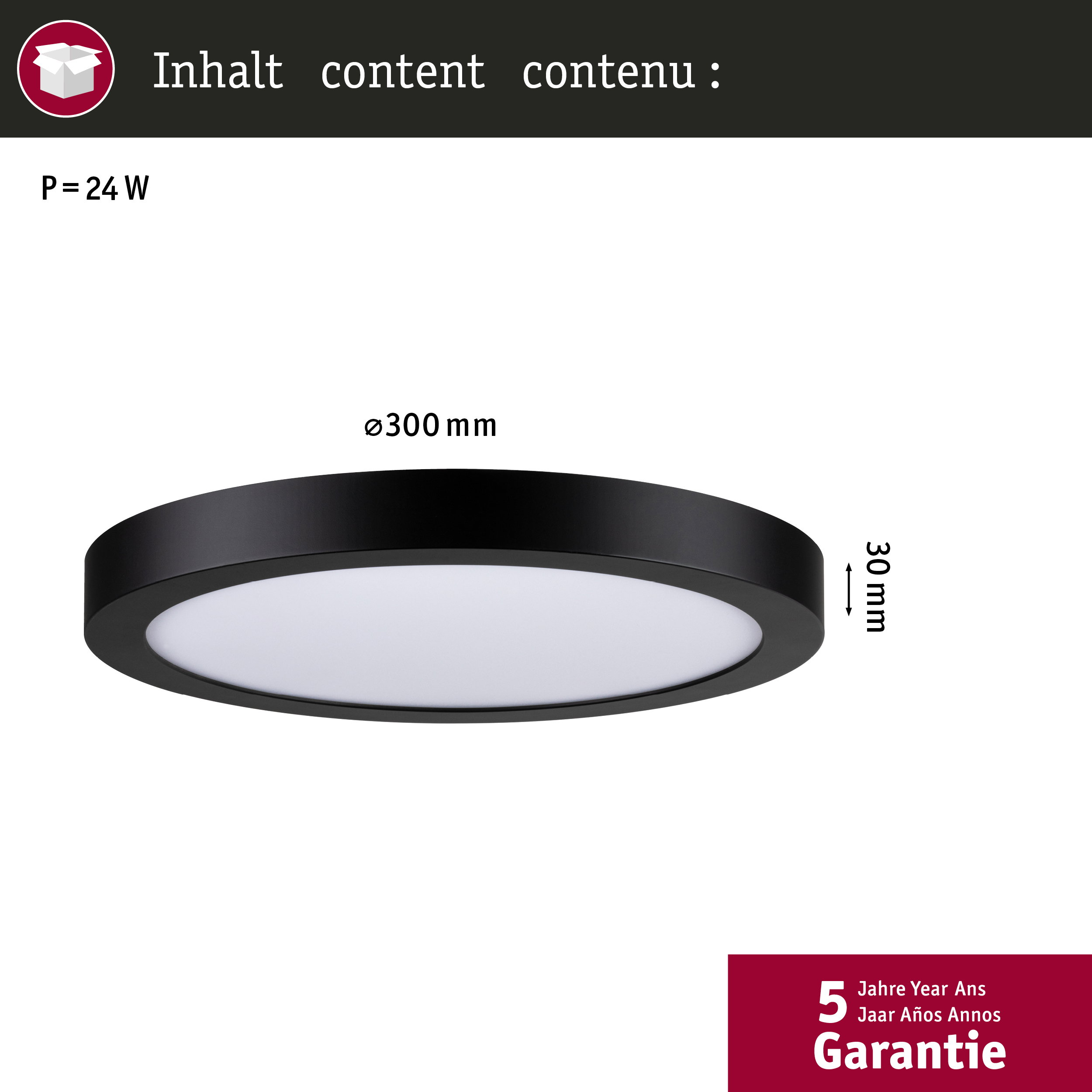 Plafoniera nera, diametro 300mm, altezza 30mm, 24W.