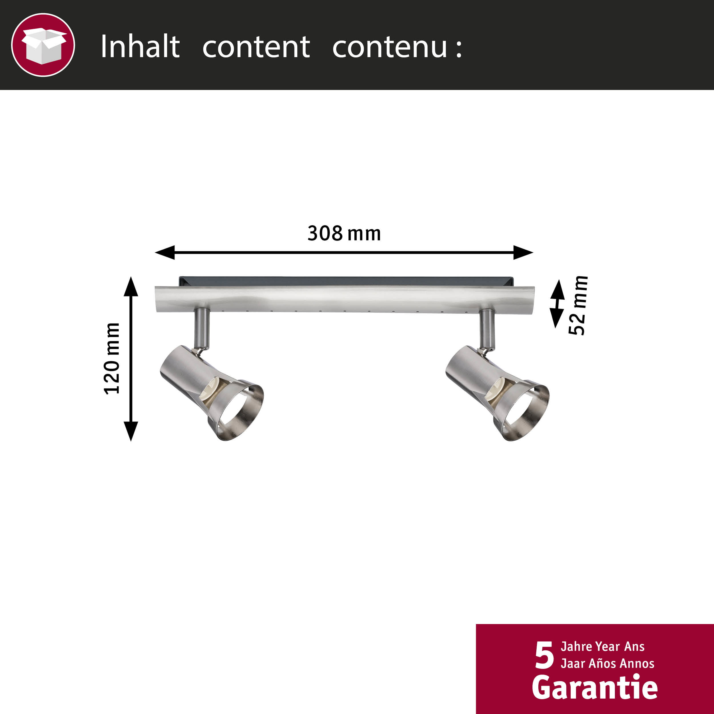Srebrna lampa sufitowa z dwoma spotami, szerokość 308mm, wysokość 120mm, głębokość 52mm.