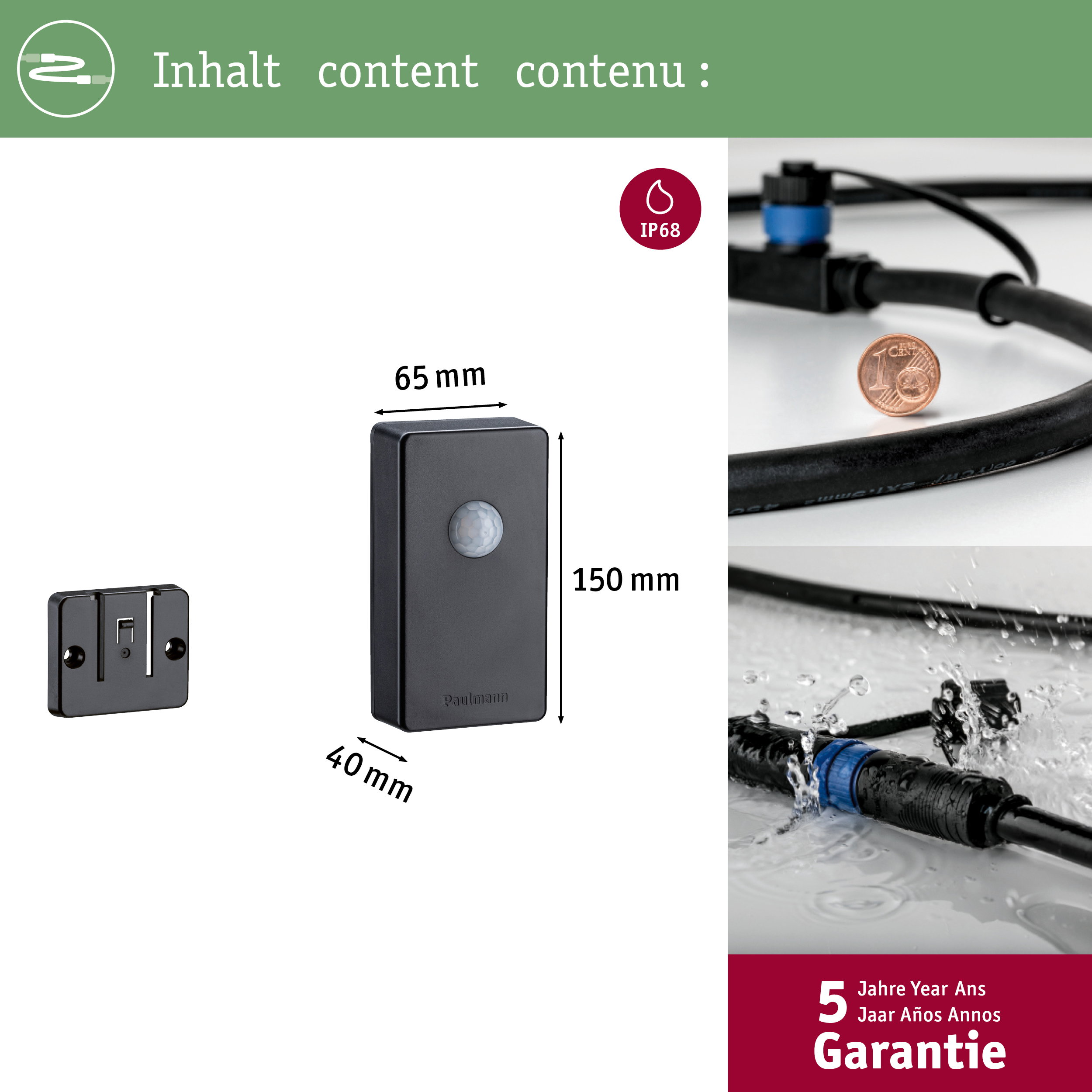 Schwarzer Bewegungsmelder mit Maßen und Halterung. Wasserdichte Stecker.