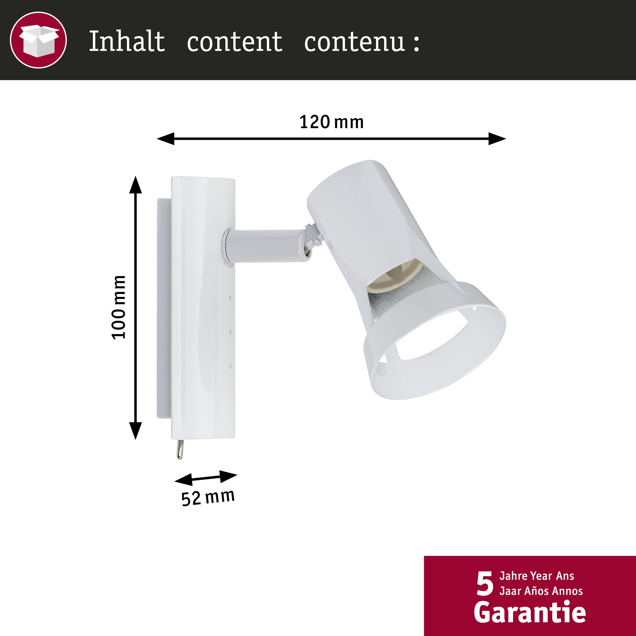 Weiße Schreibtischlampe mit Maßangaben: 100 mm Höhe, 52 mm Breite, 120 mm Länge.