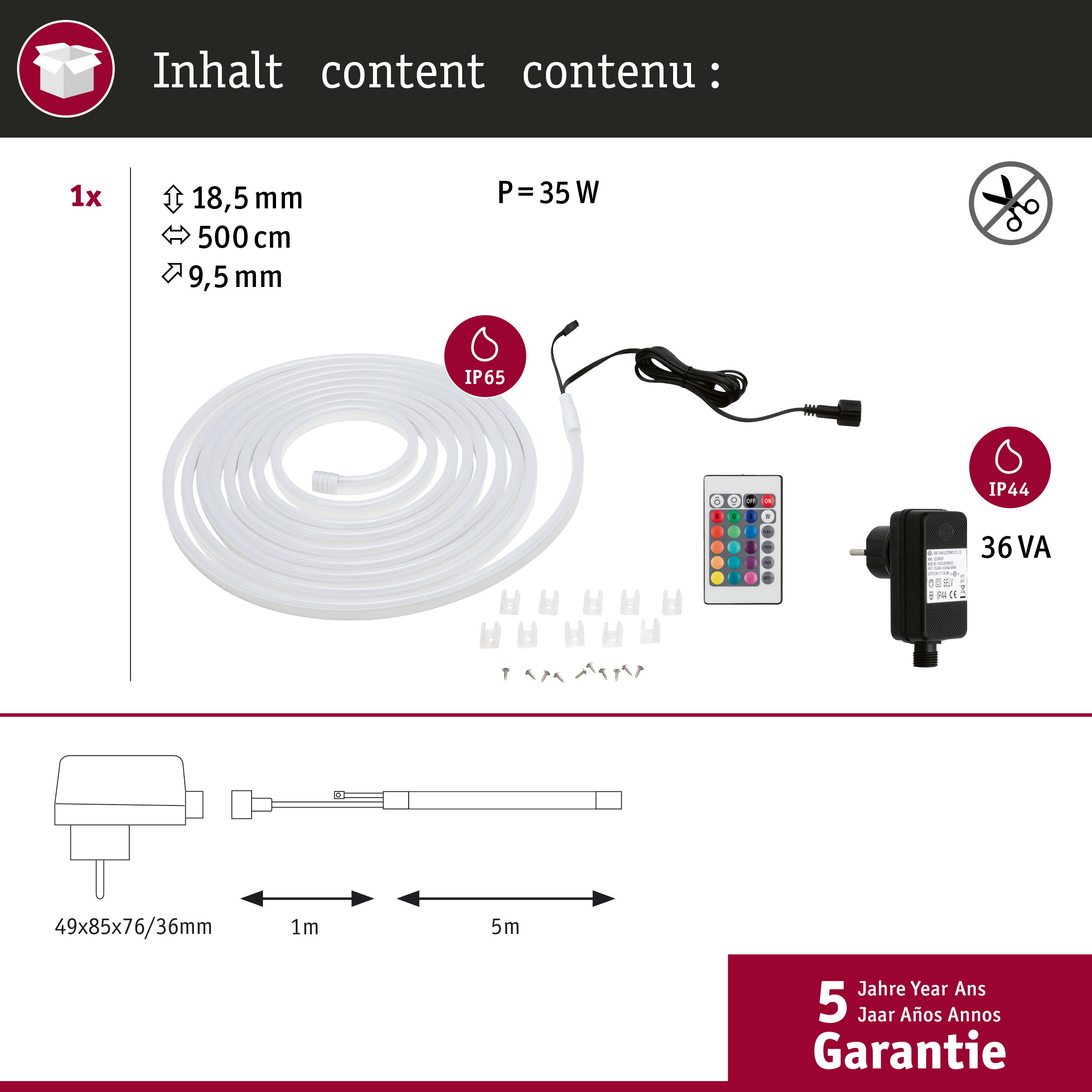 Ein weißes LED-Neonlicht mit Fernbedienung, Netzteil und Befestigungsmaterial.