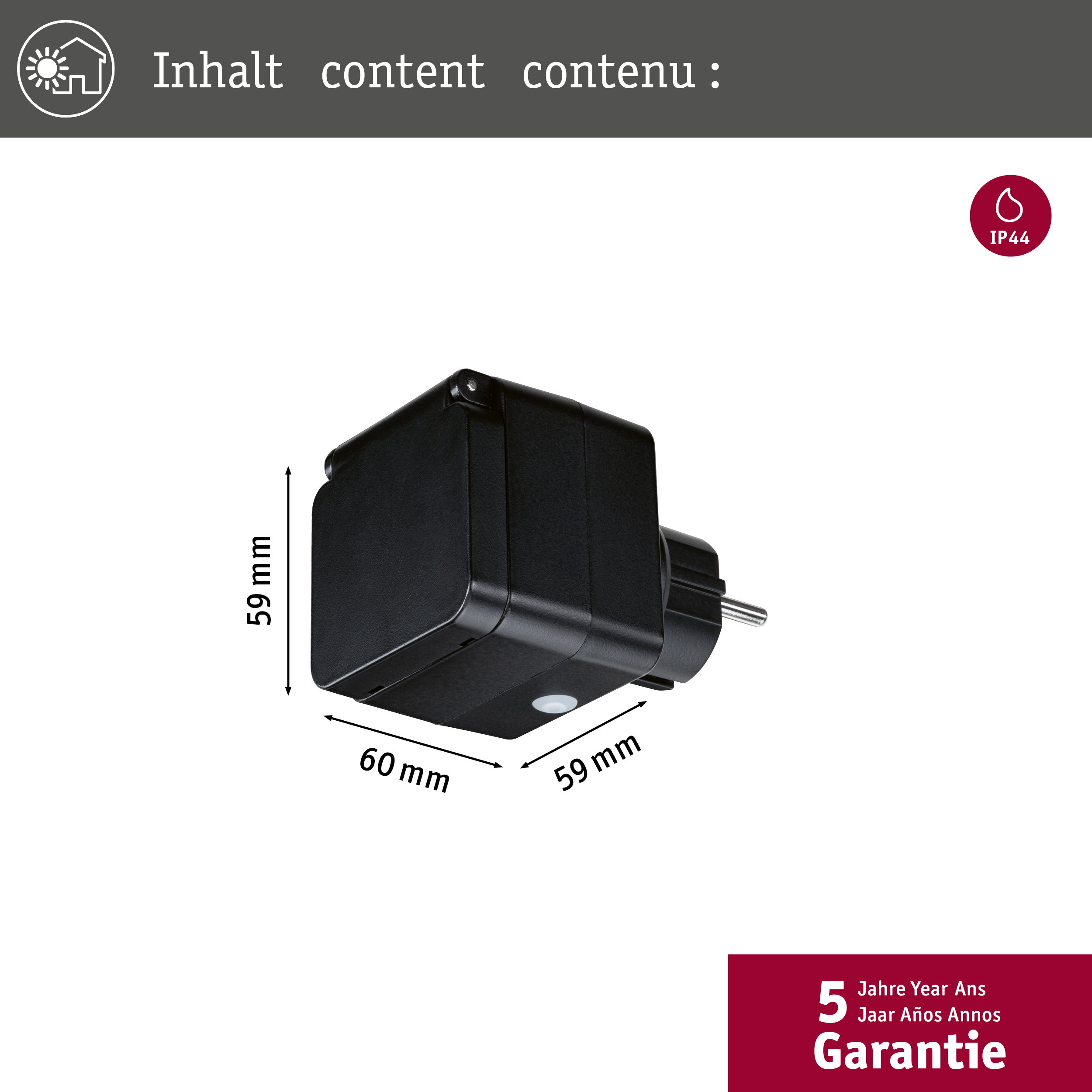 Czarny adapter wtyczki o wymiarach 60x59x59 mm i stopniu ochrony IP44.