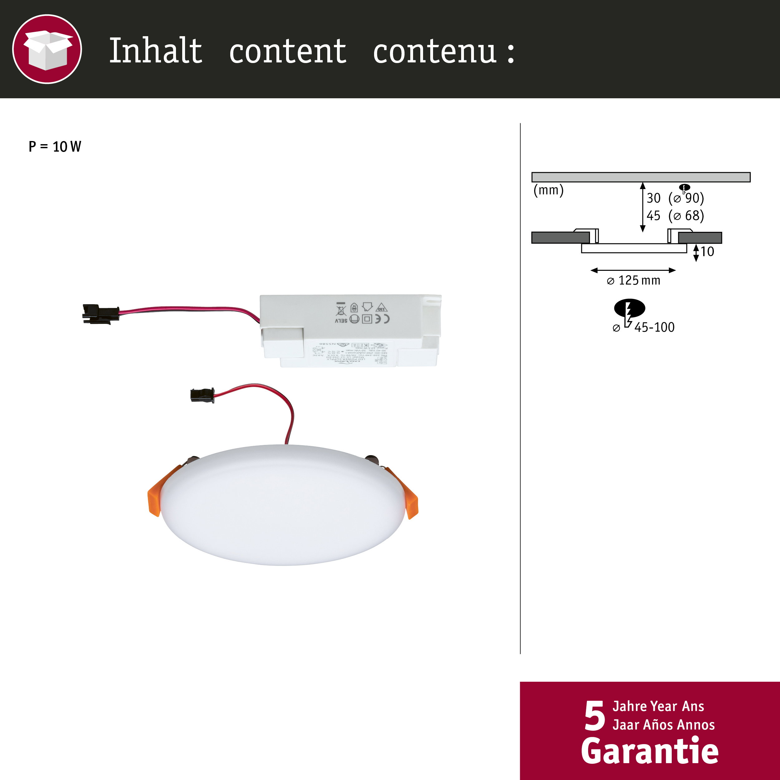Una luce LED bianca con driver e dimensioni tecniche.