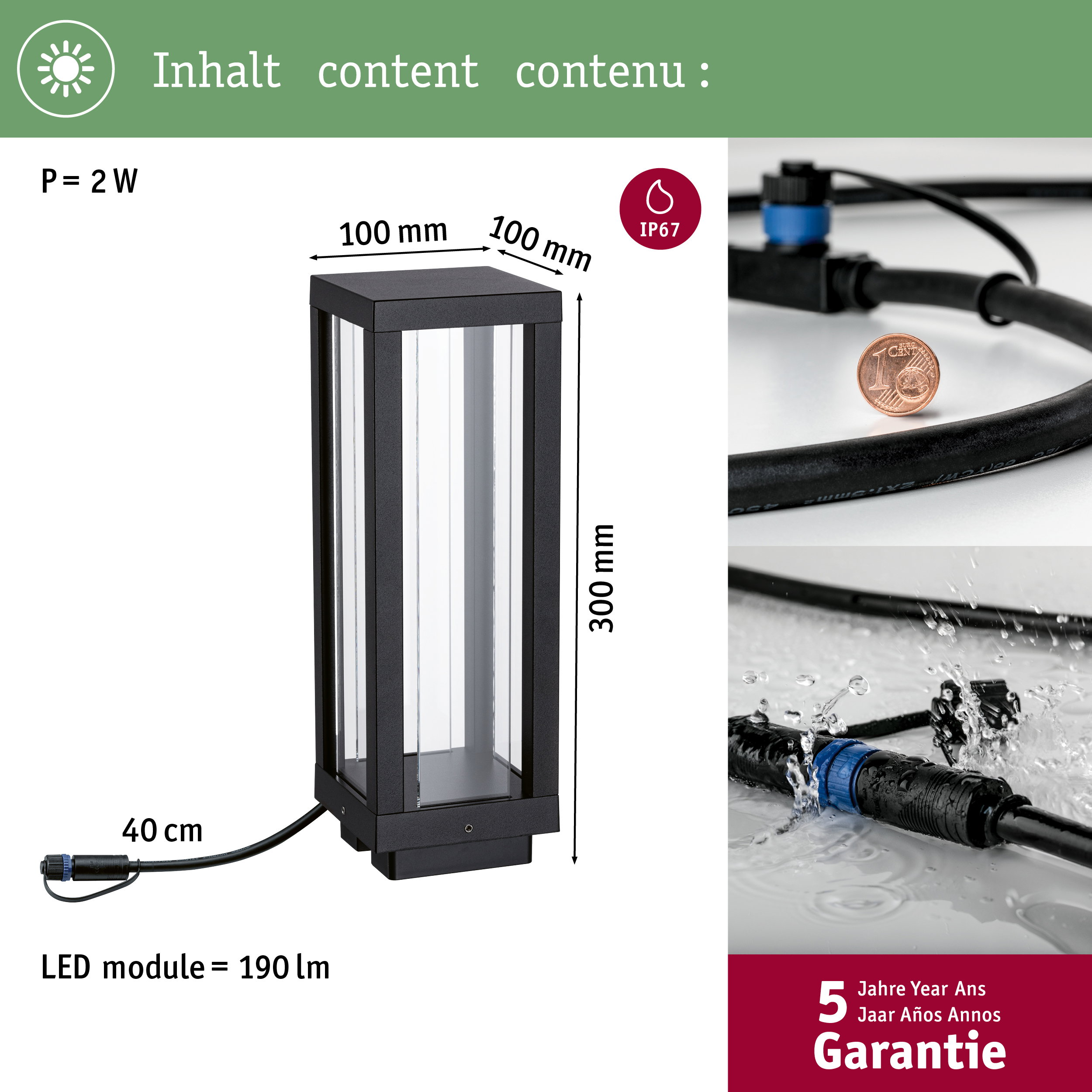 Eine schwarze Außenleuchte mit Maßen und IP67-Schutz. Kabel in Wasser.