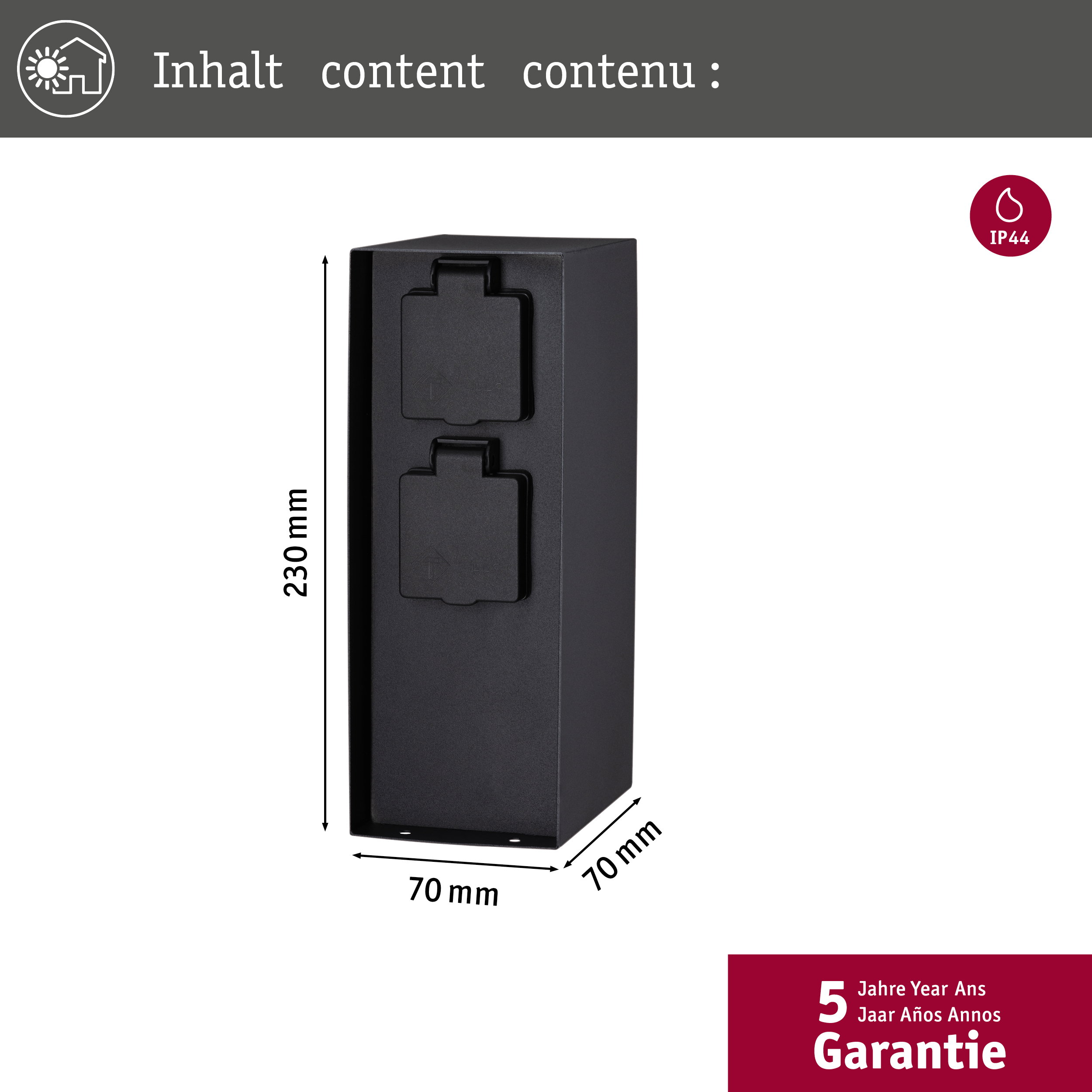 Schwarze Steckdosenleiste, 230x70x70mm, IP44-geschützt, 5 Jahre Garantie.