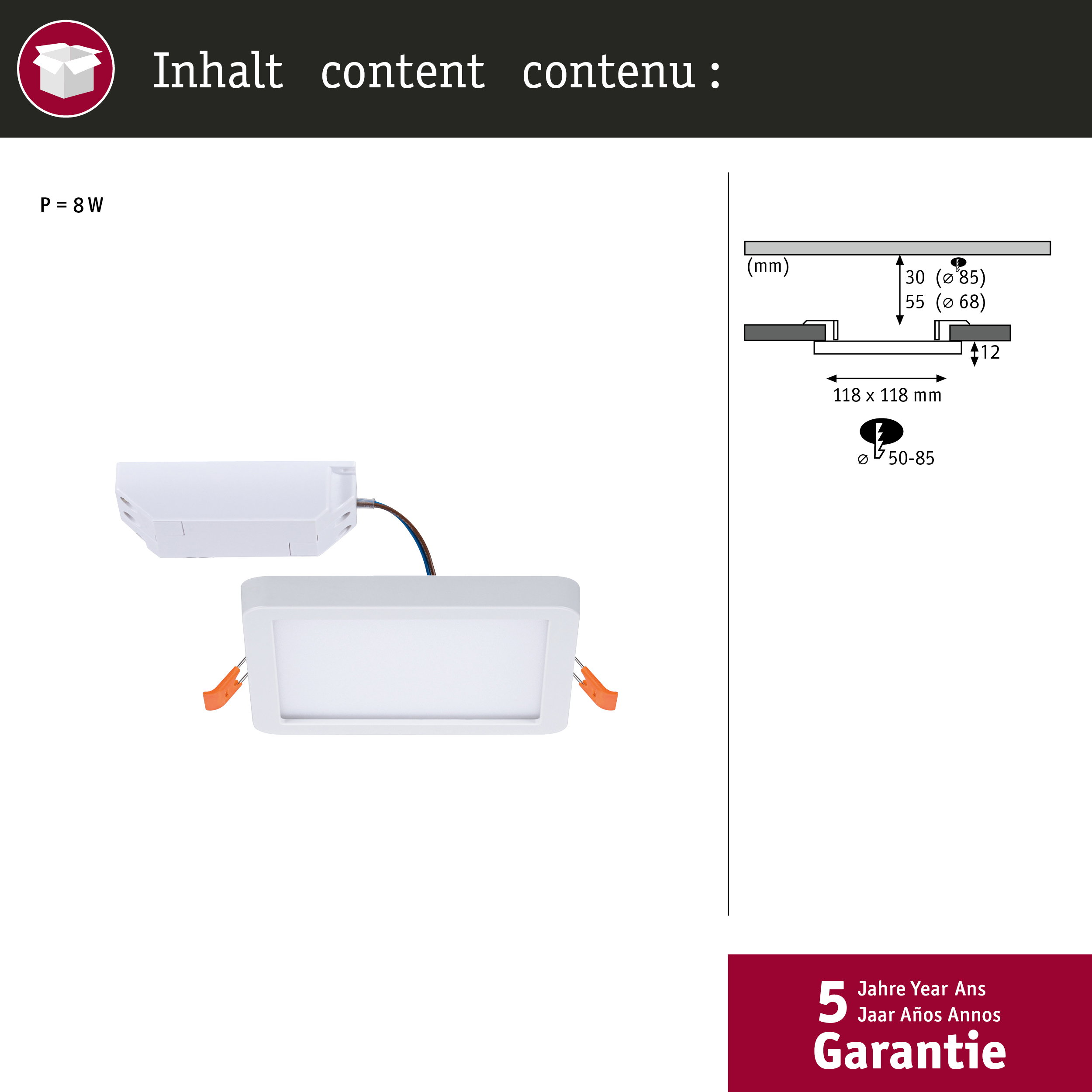 Weiße Einbauleuchte mit technischen Maßen und Garantieangabe.