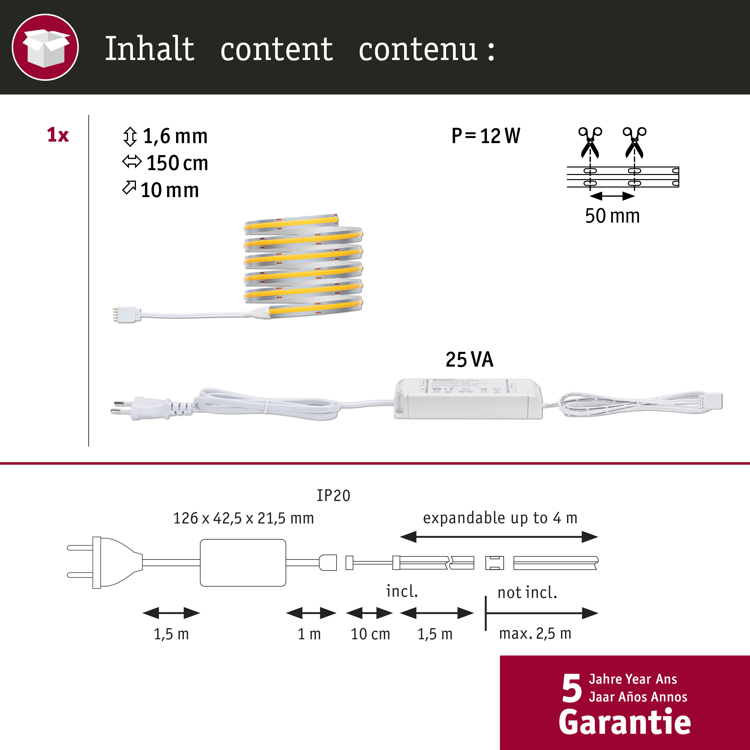 Zawartość opakowania: Taśma LED (1,6mm x 150cm x 10mm), zasilacz (25VA), kabel.