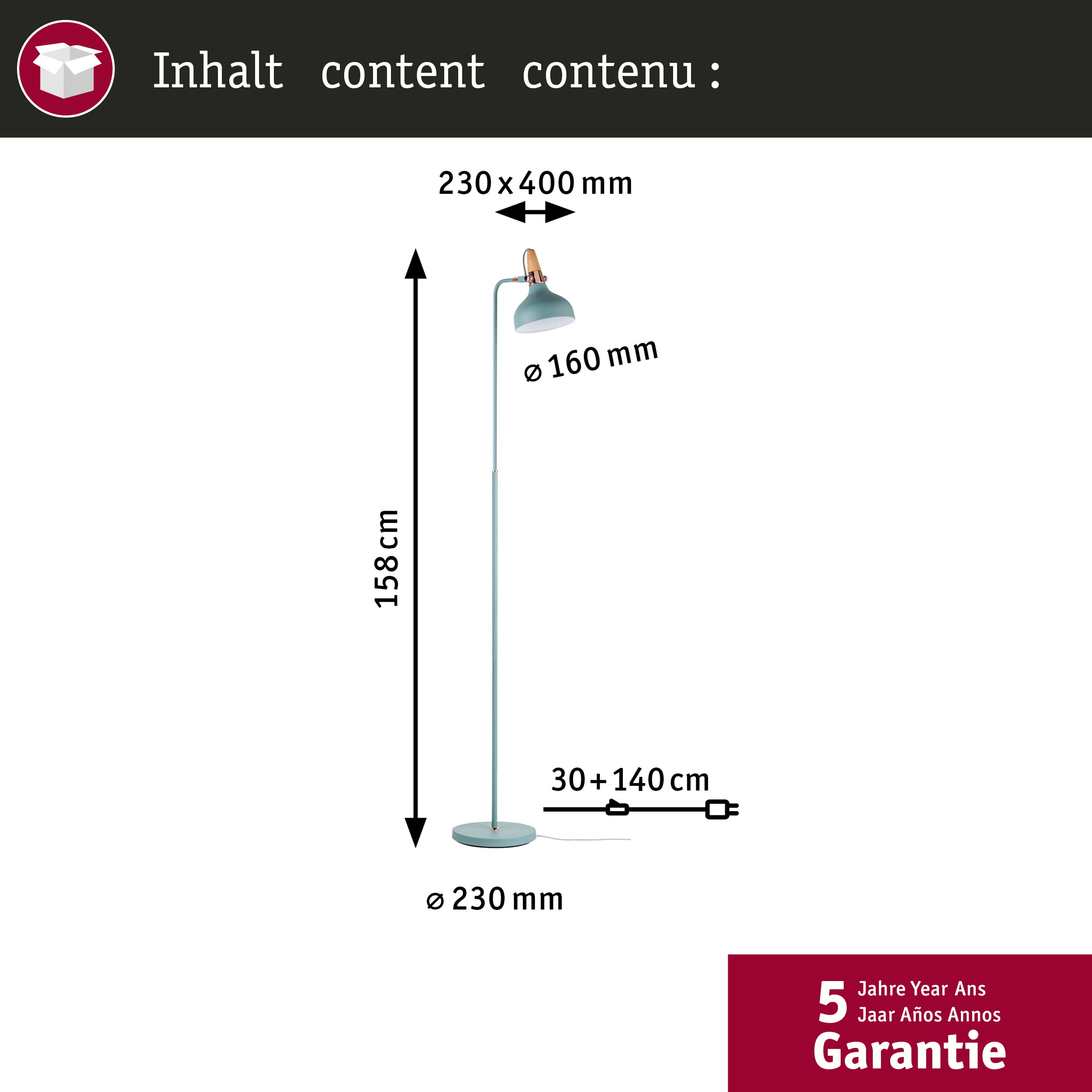 Eine hellblaue Stehlampe mit verstellbarem Kopf. Maße sind angegeben.