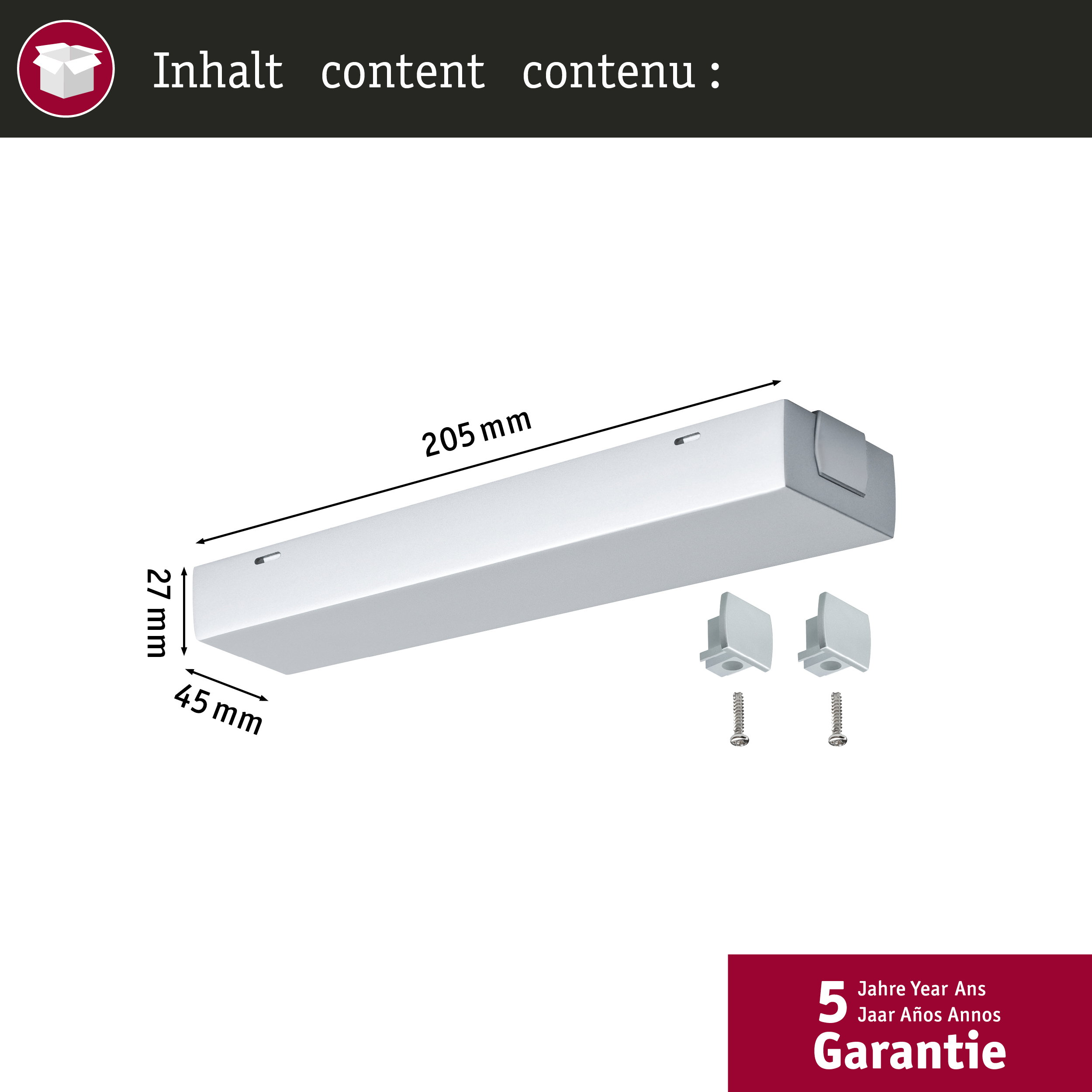 Ein weißes Profil mit Maßen 205x45x27mm und zwei Halterungen.