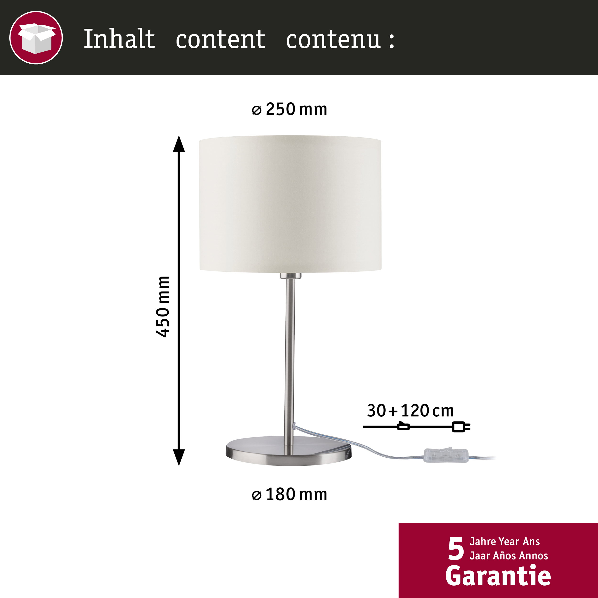Lampa stołowa z białym abażurem, wysoka na 45cm, średnica 25cm, 5 lat gwarancji.