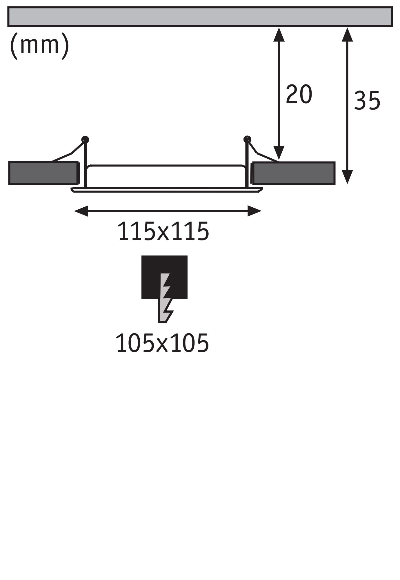 Disegno tecnico con dimensioni: 115x115 mm, 105x105 mm, 20 mm, 35 mm.