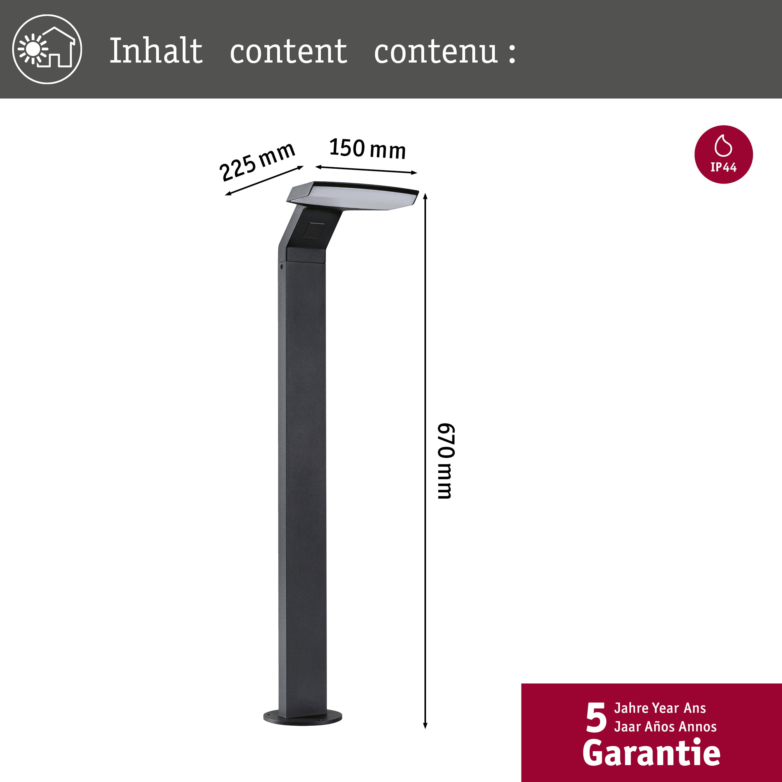 Dunkler Außenstehleuchter mit Maßen, IP44 und 5 Jahre Garantie.