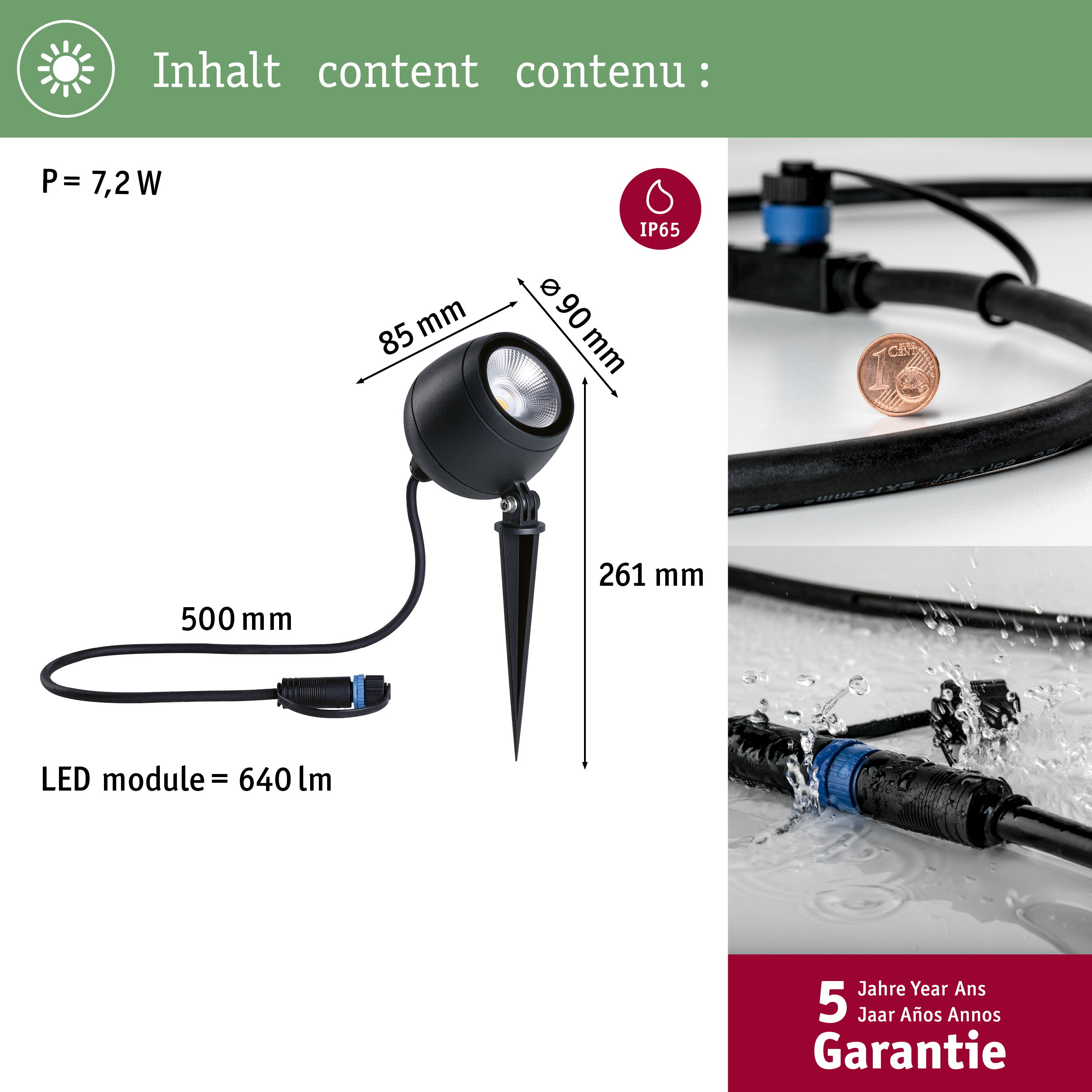Schwarzer LED-Spot mit Erdspieß, 85x90mm, 7,2W, 640lm, IP65. Inkl. Kabel.