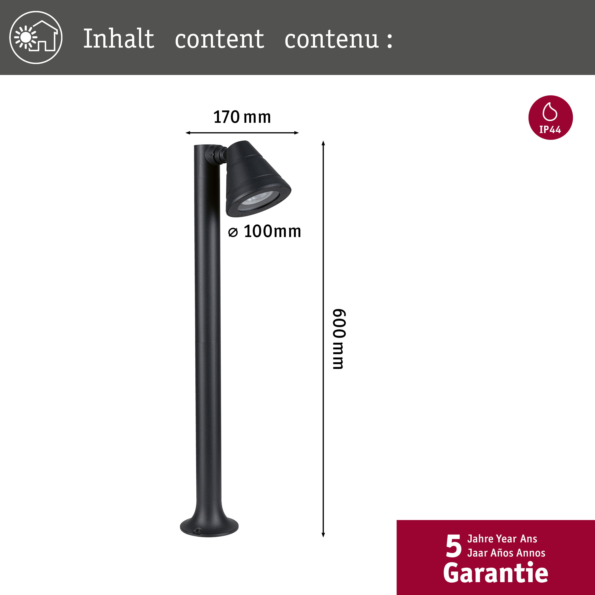 Schwarzer Außenleuchte mit Maßen 170x600mm, 100mm Durchmesser. IP44.