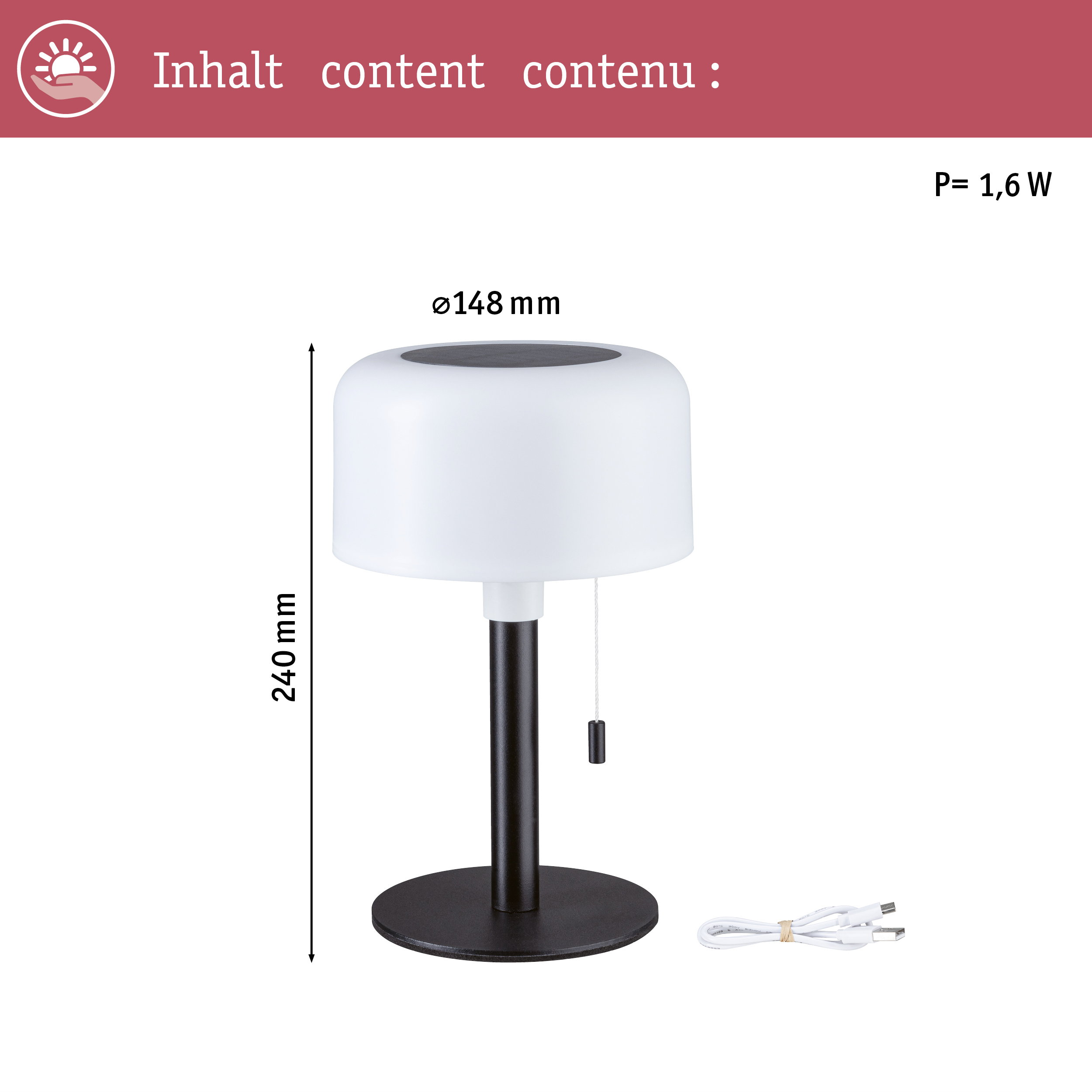 Biała lampa stołowa z czarną podstawą i kablem. Wymiary: 240 mm wys., 148 mm śr.