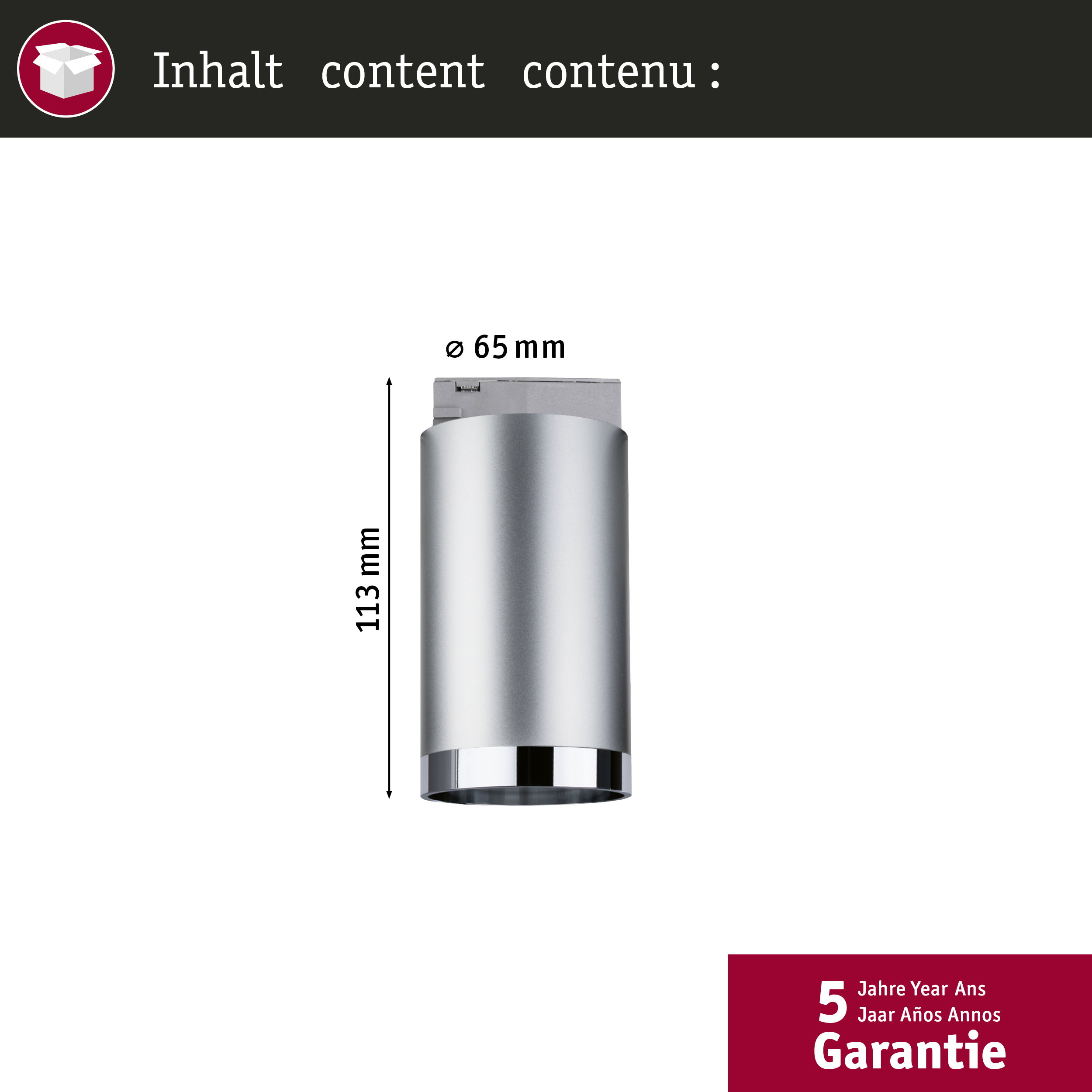 Silberzylinder mit Maßen 113 mm Höhe, 65 mm Durchmesser. 5 Jahre Garantie.