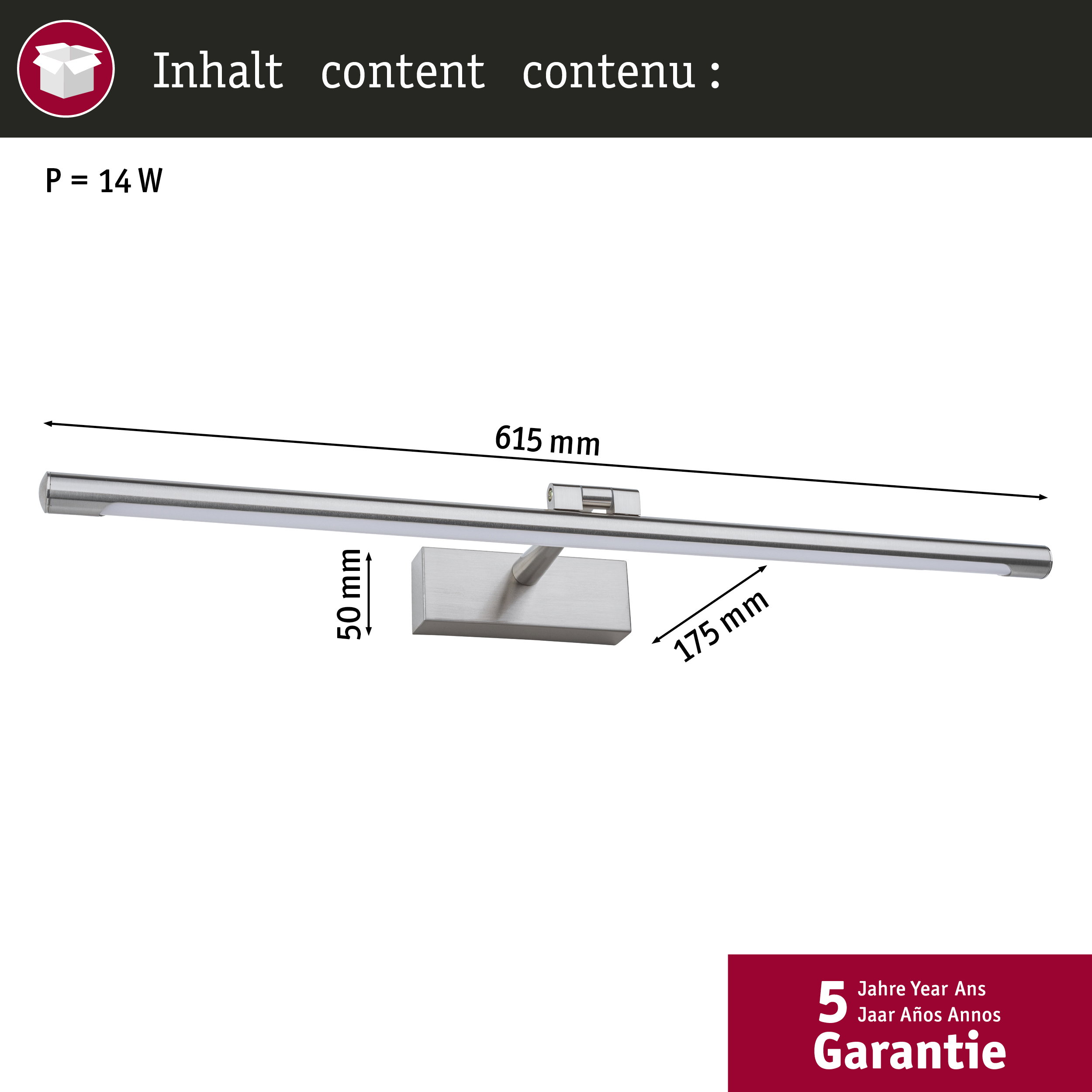 Srebrna lampa o długości 615 mm, wysokości 50 mm i głębokości 175 mm.