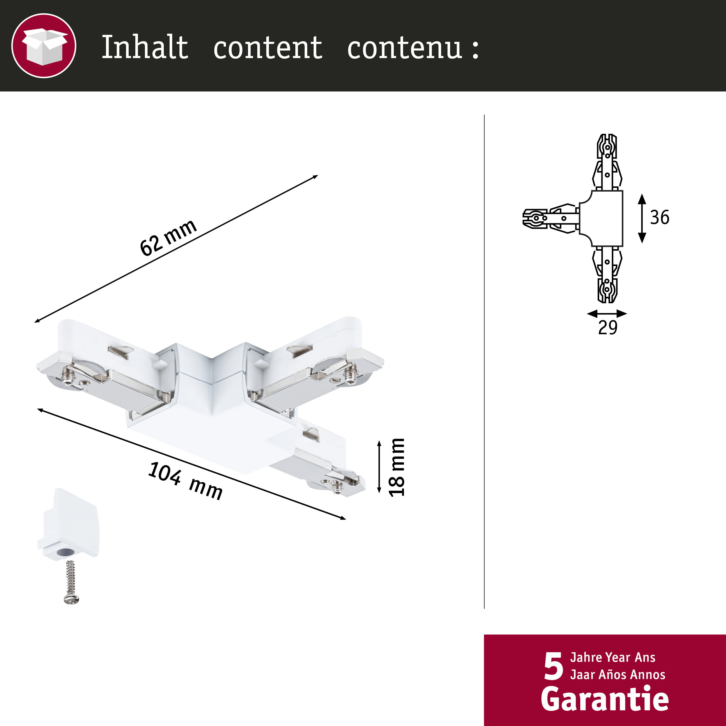Ein weißer Eckverbinder für Schienen mit Maßen und einer Schraube.