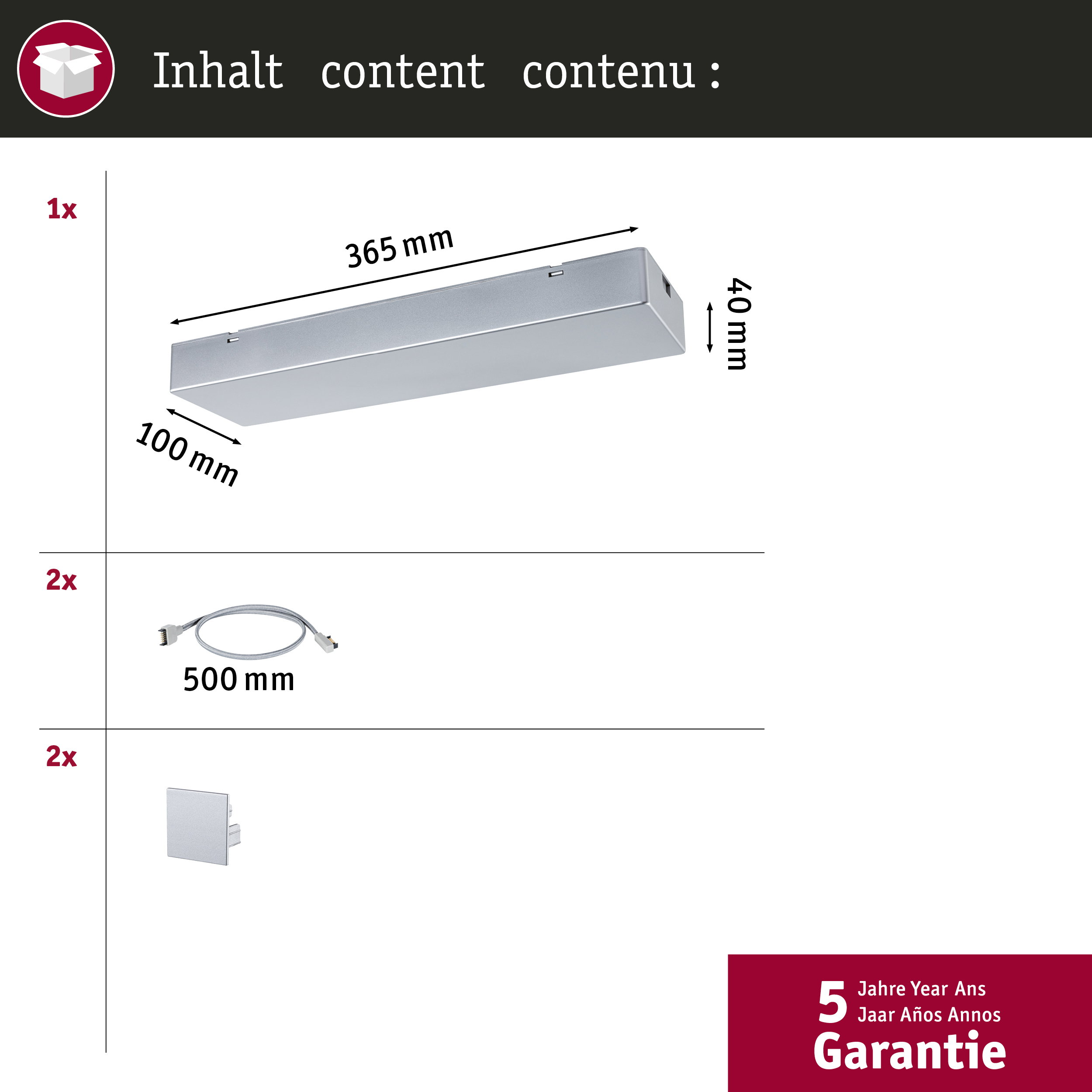 Srebrna lampa (365x100x40mm), 2x kable (500mm) i 2x uchwyty montażowe.
