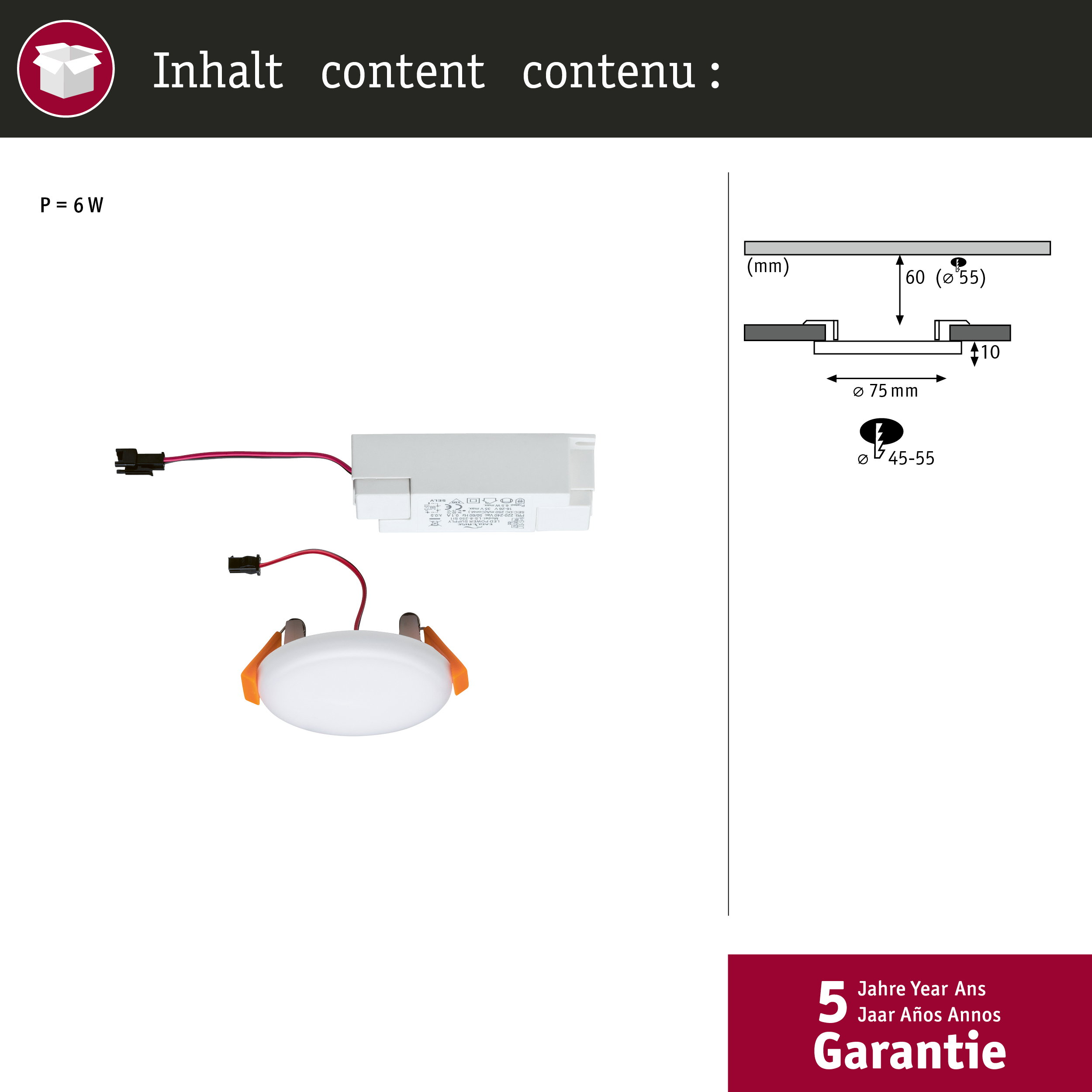 Białe światło LED z zasilaczem i schematem instalacji.