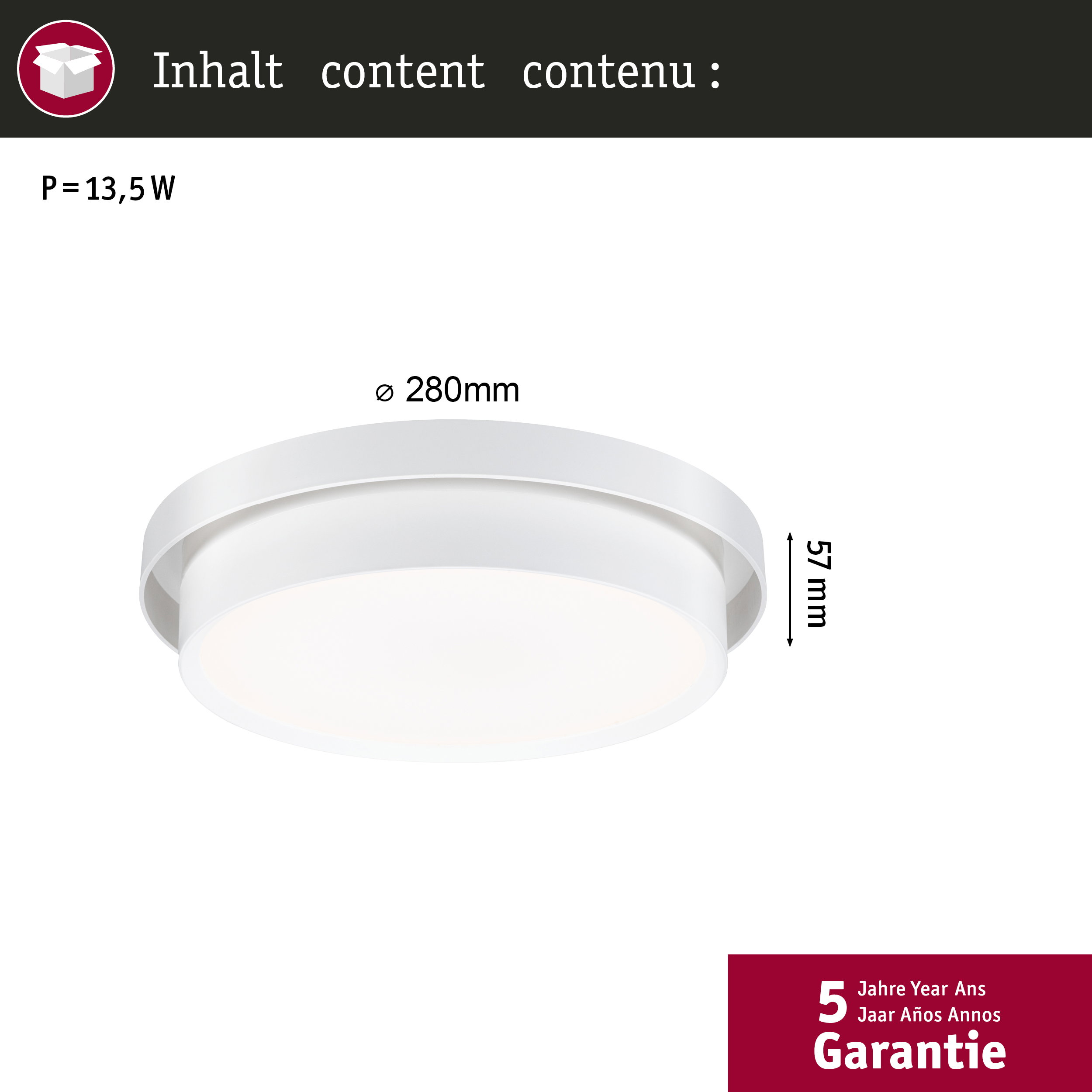 Weiße Deckenleuchte, 280mm Durchmesser, 57mm Höhe, 13,5W. 5 Jahre Garantie.