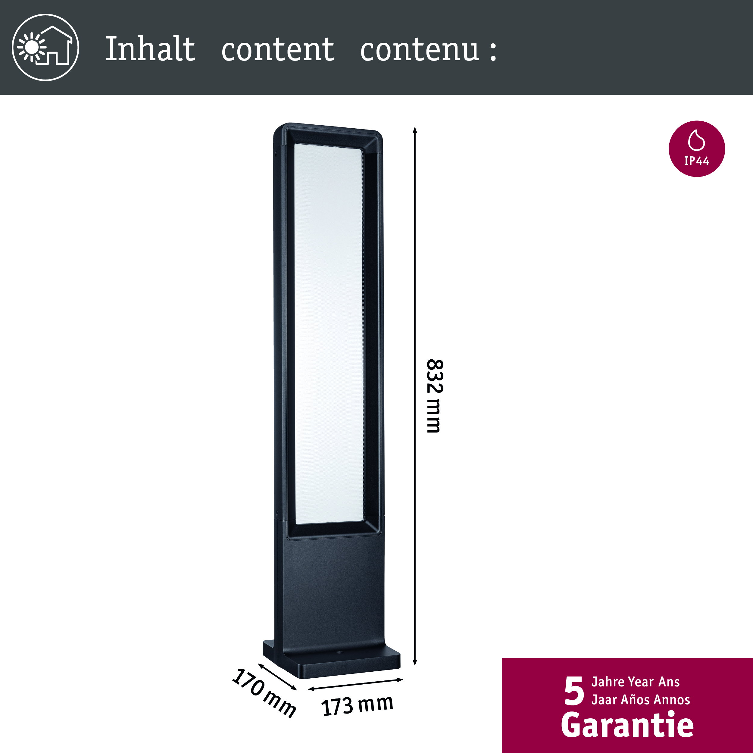 Czarna lampa zewnętrzna, wysokość 832 mm, stopień ochrony IP44.