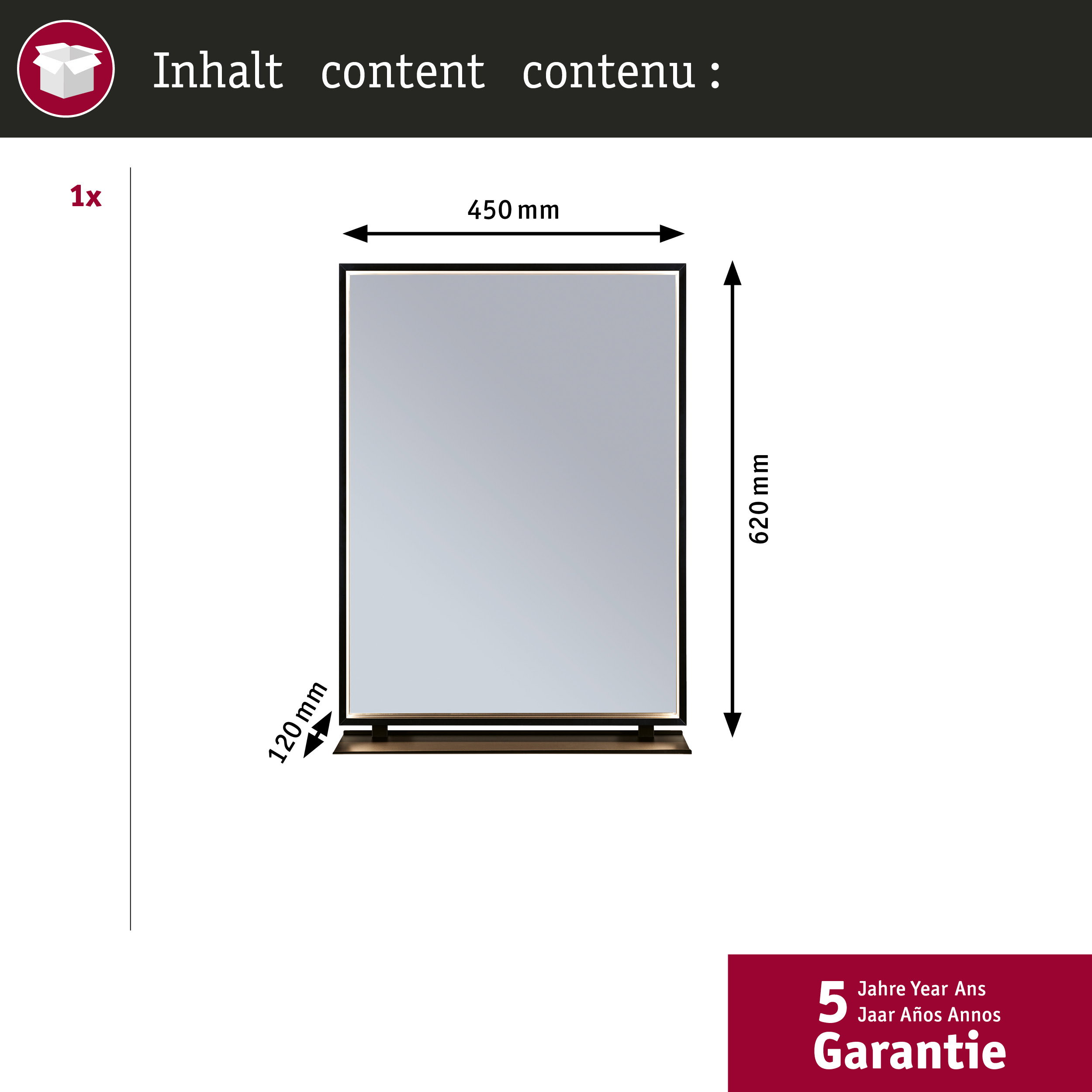 Ein Spiegel mit den Maßen 450x620 mm und einer Tiefe von 120 mm.