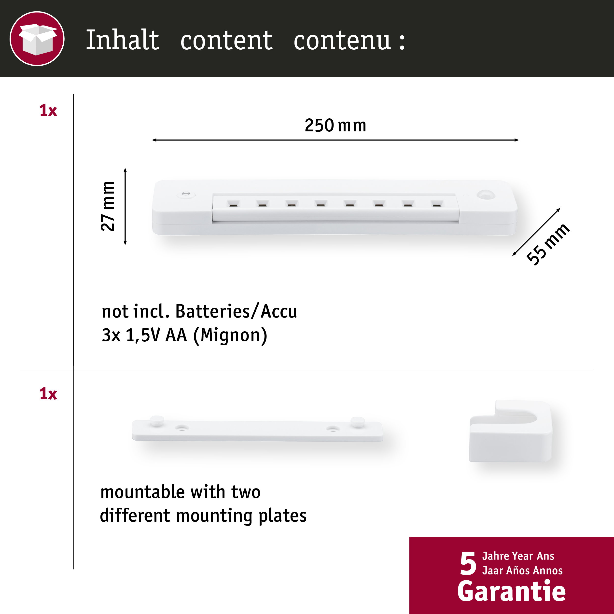 Ein weißes 250-mm-Lichtband mit 6 Steckdosen, 27 mm hoch, 55 mm tief.