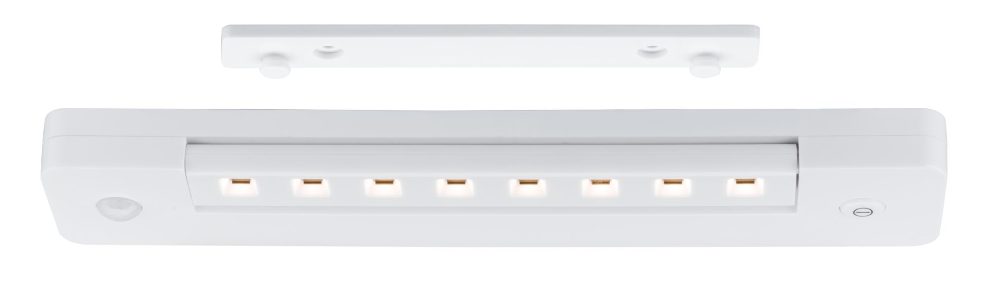 Weiße LED-Unterschrankleuchte mit Bewegungsmelder und Montagehalterung.