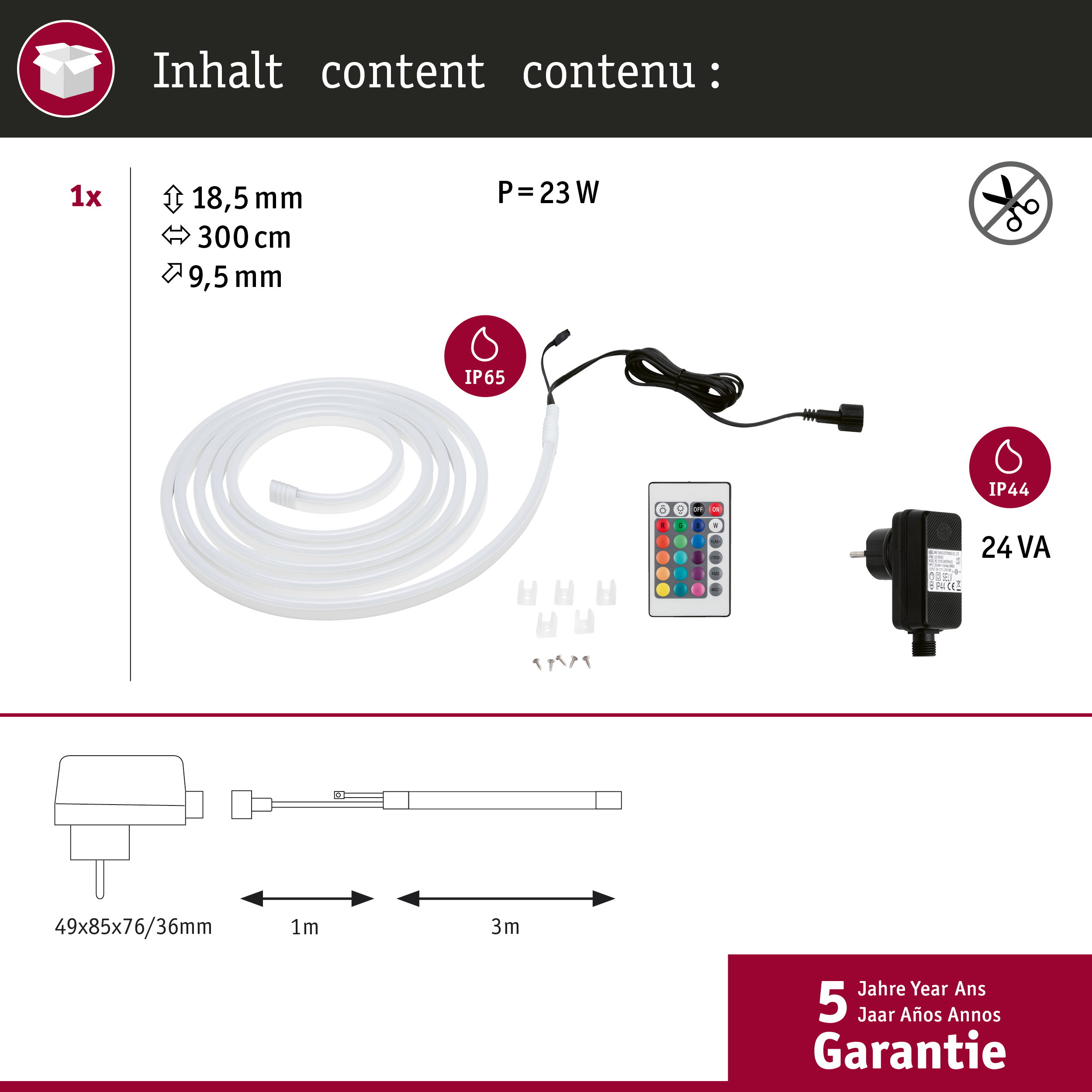Verpackungsinhalt: 300cm LED-Schlauch, Netzteil, Fernbedienung, Clips, Schrauben.
