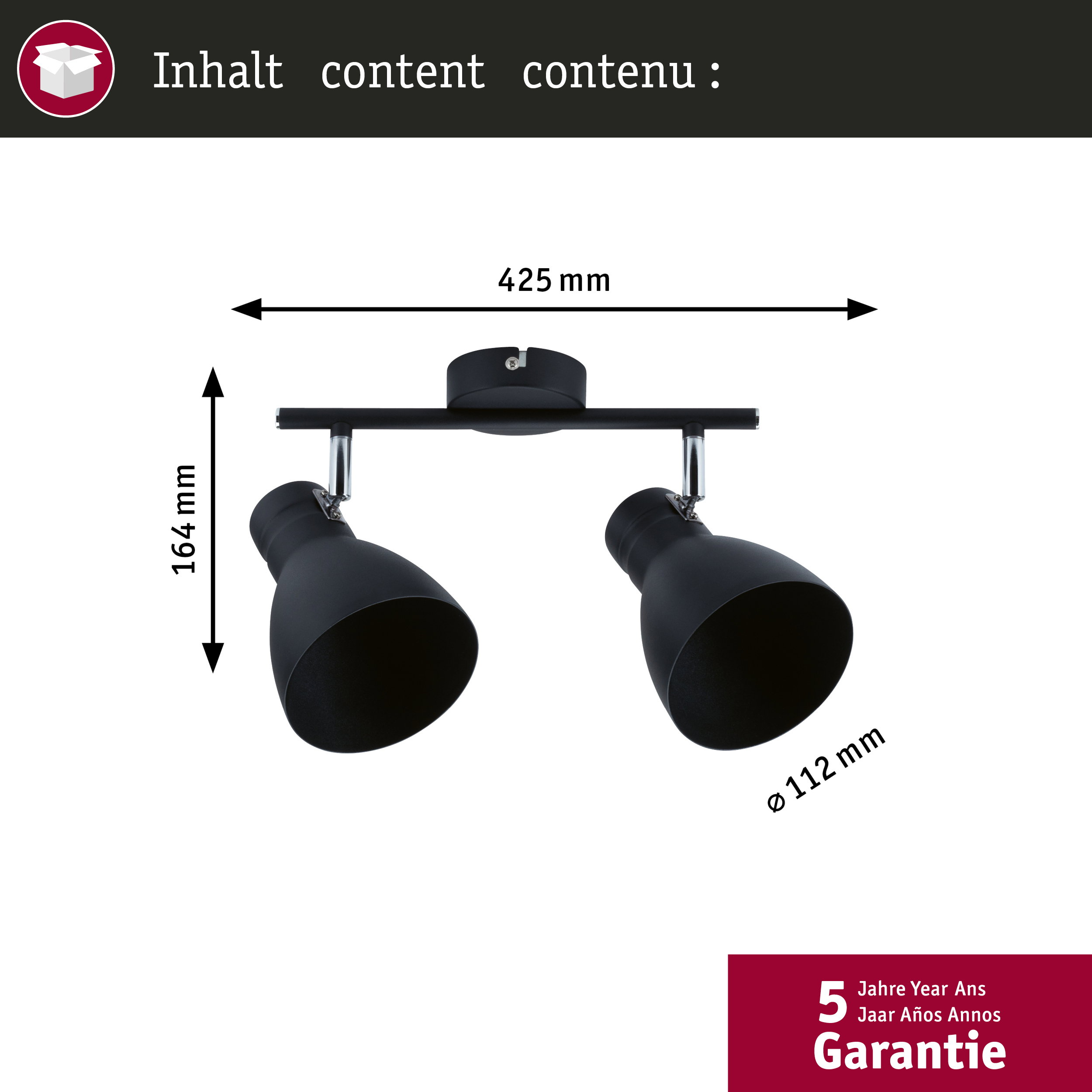 Czarny reflektor sufitowy z dwoma regulowanymi głowicami, szerokość 425mm, wysokość 164mm.