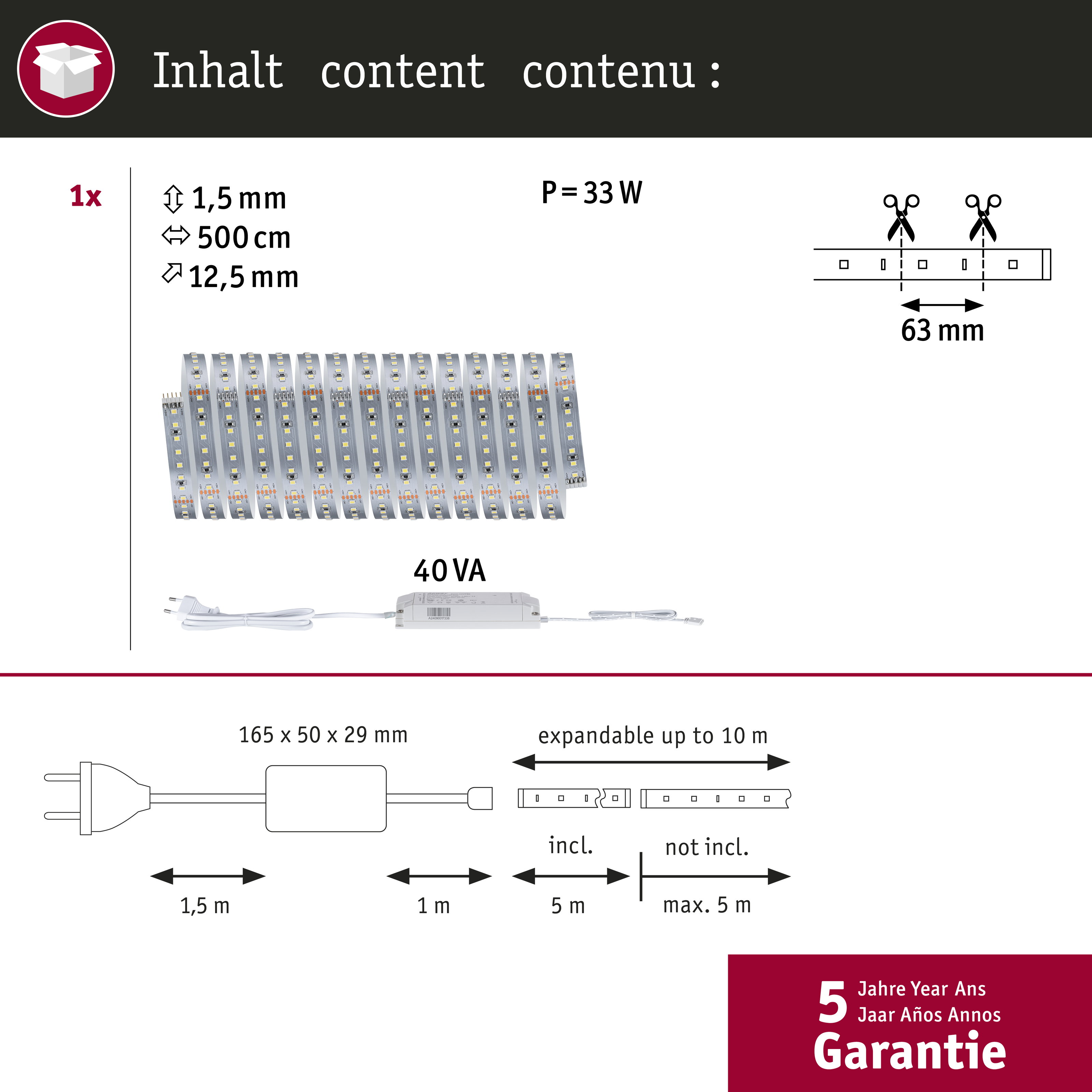 Enthält 1x LED-Streifen, Netzteil, Kabel und Schneidesymbole.