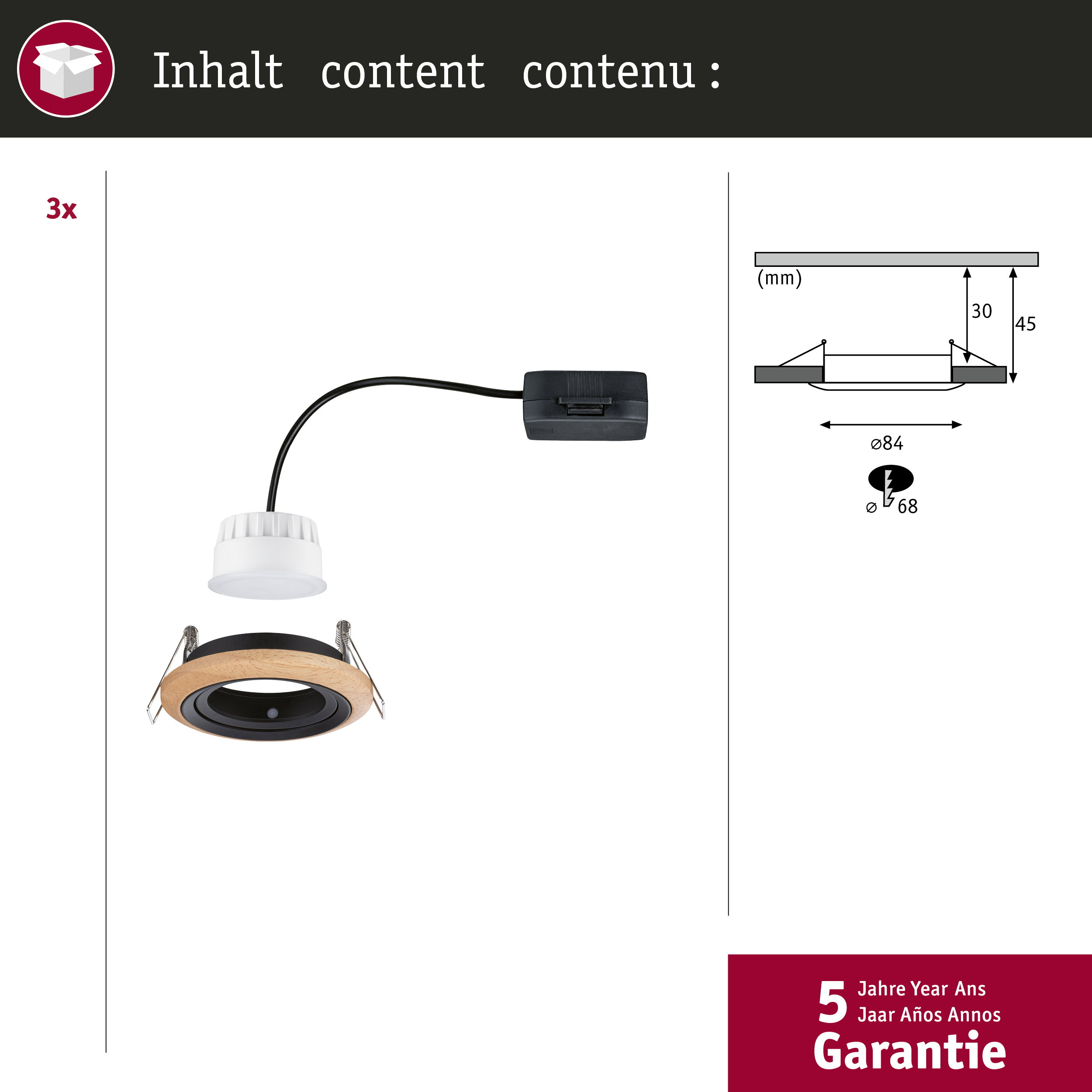 Lampa wpuszczana z drewnianym akcentem, zasilaczem i wymiarami.