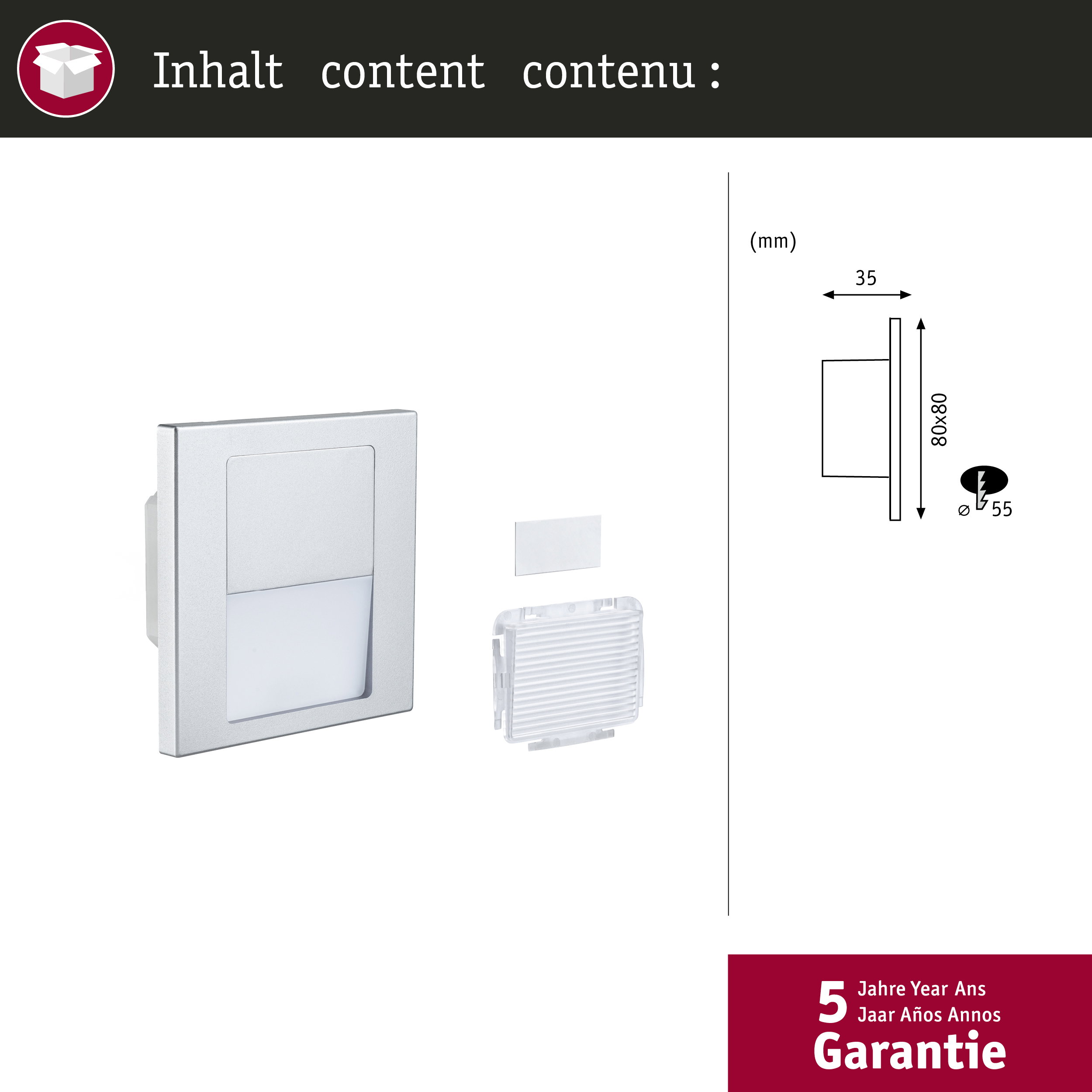 Ein silbernes Licht mit Maßen und einem 5-Jahres-Garantiesymbol.