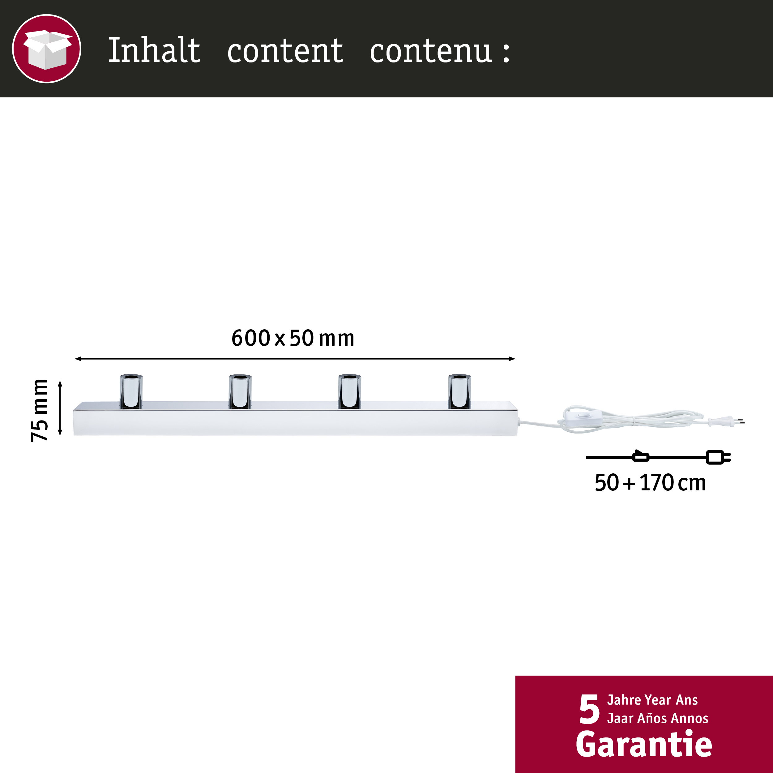Chromleiste mit vier Lampenfassungen, 600x50mm, 75mm hoch.