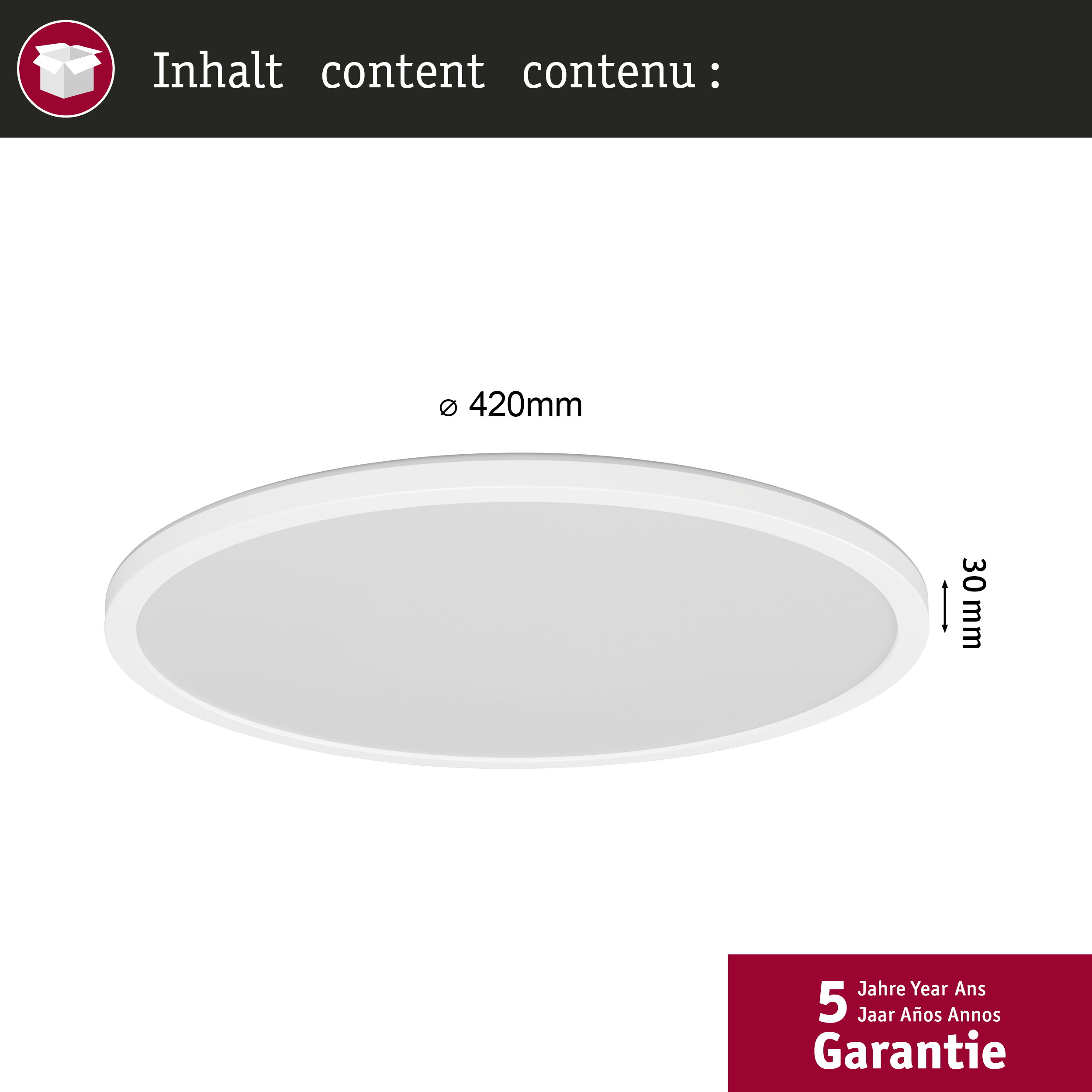 Eine runde weiße Lampe mit 420mm Durchmesser und 30mm Dicke.