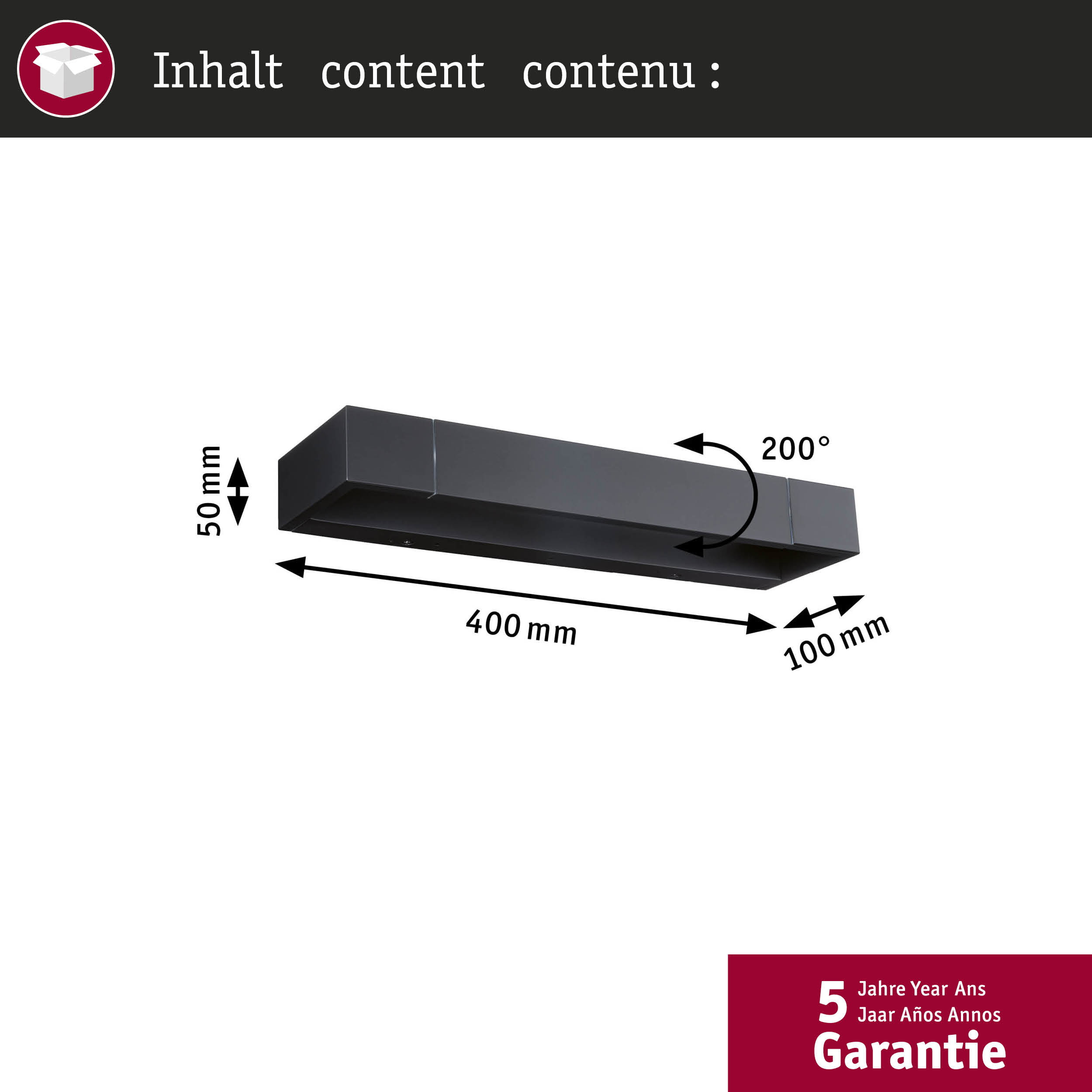 Schwarzes Objekt mit Maßen 400x100x50mm und 200° Winkel.
