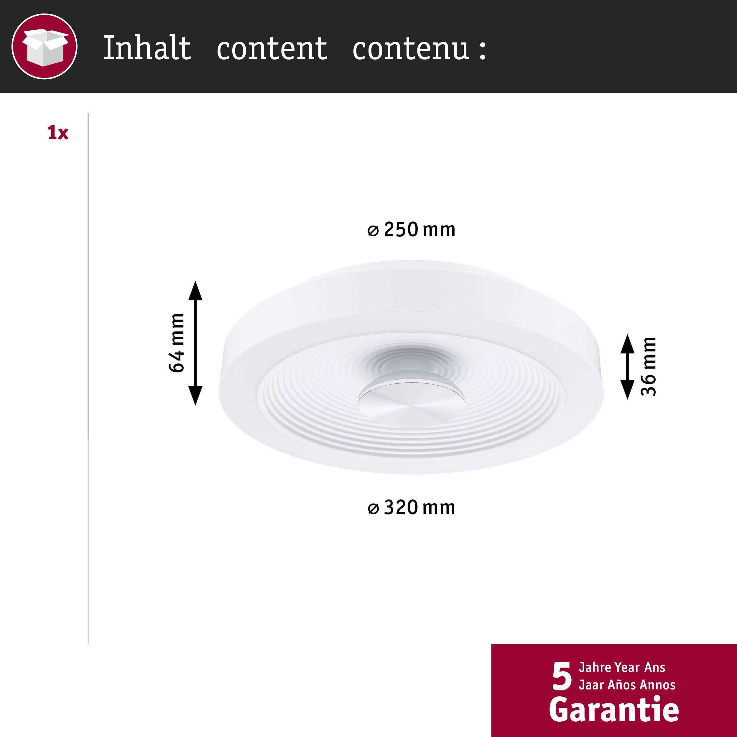 Biała lampa sufitowa o wymiarach Ø250mm/64mm i Ø320mm/36mm. 5 lat gwarancji.