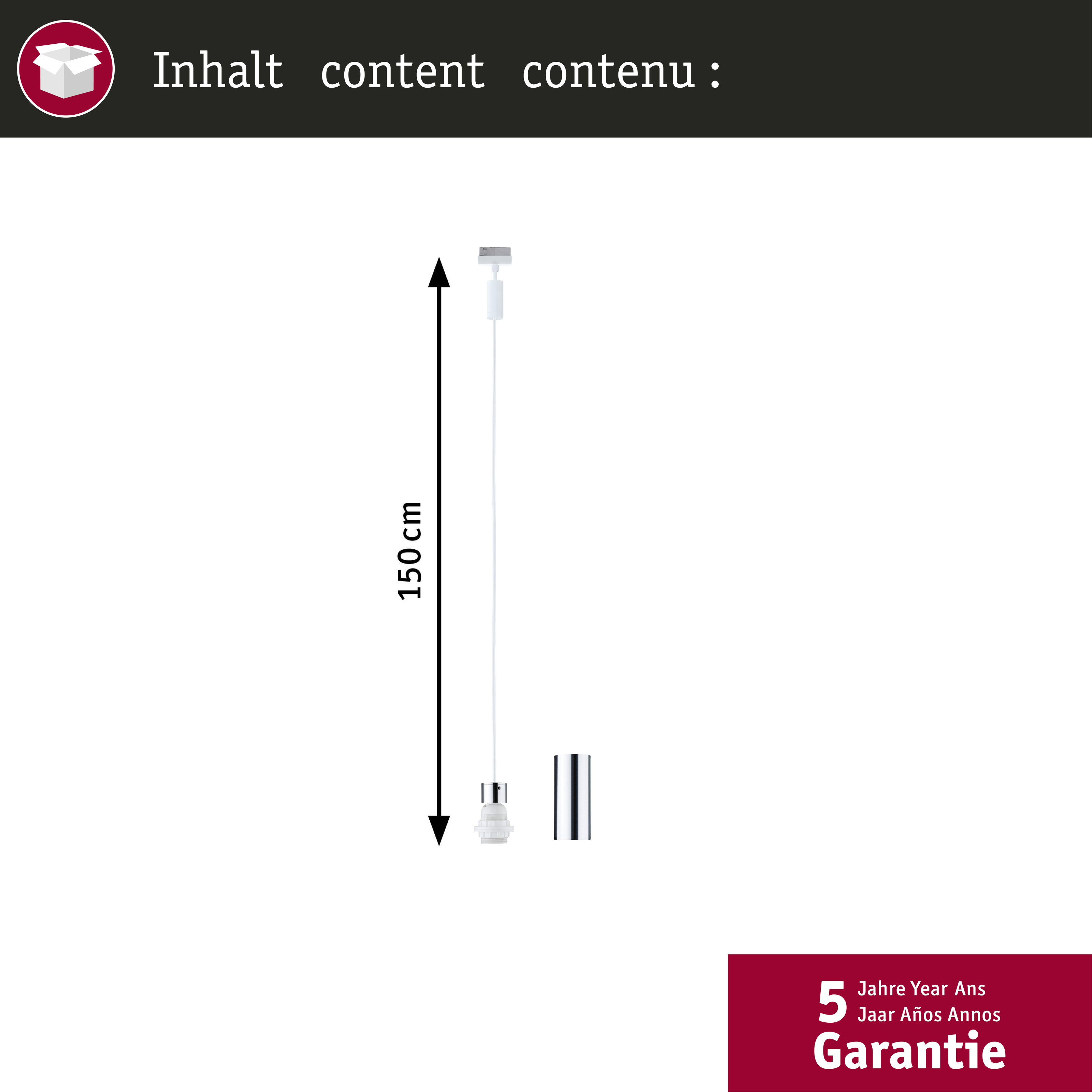 Ein 150 cm langes weißes Kabel mit silbernen Endstücken.