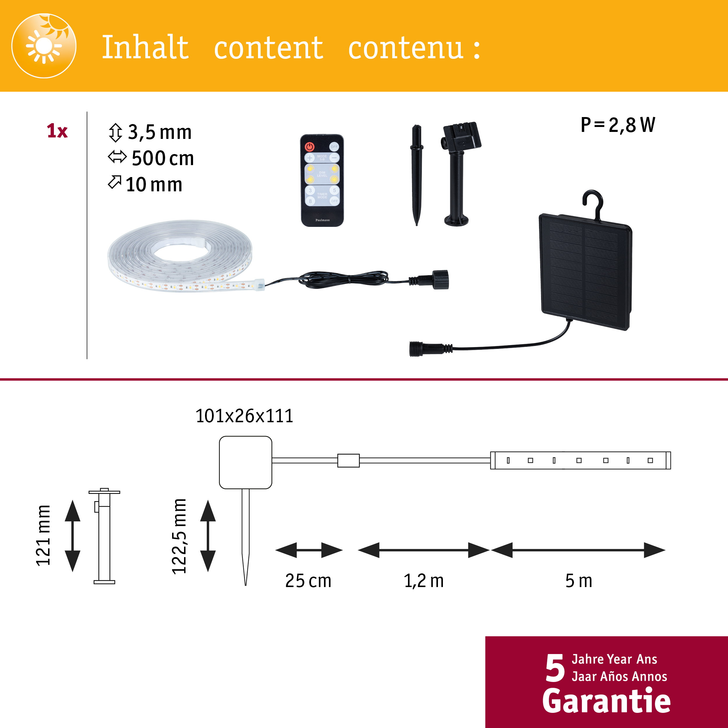 LED-Lichtband mit Solarpanel, Fernbedienung und Erdspieß. Maße: 500cm.