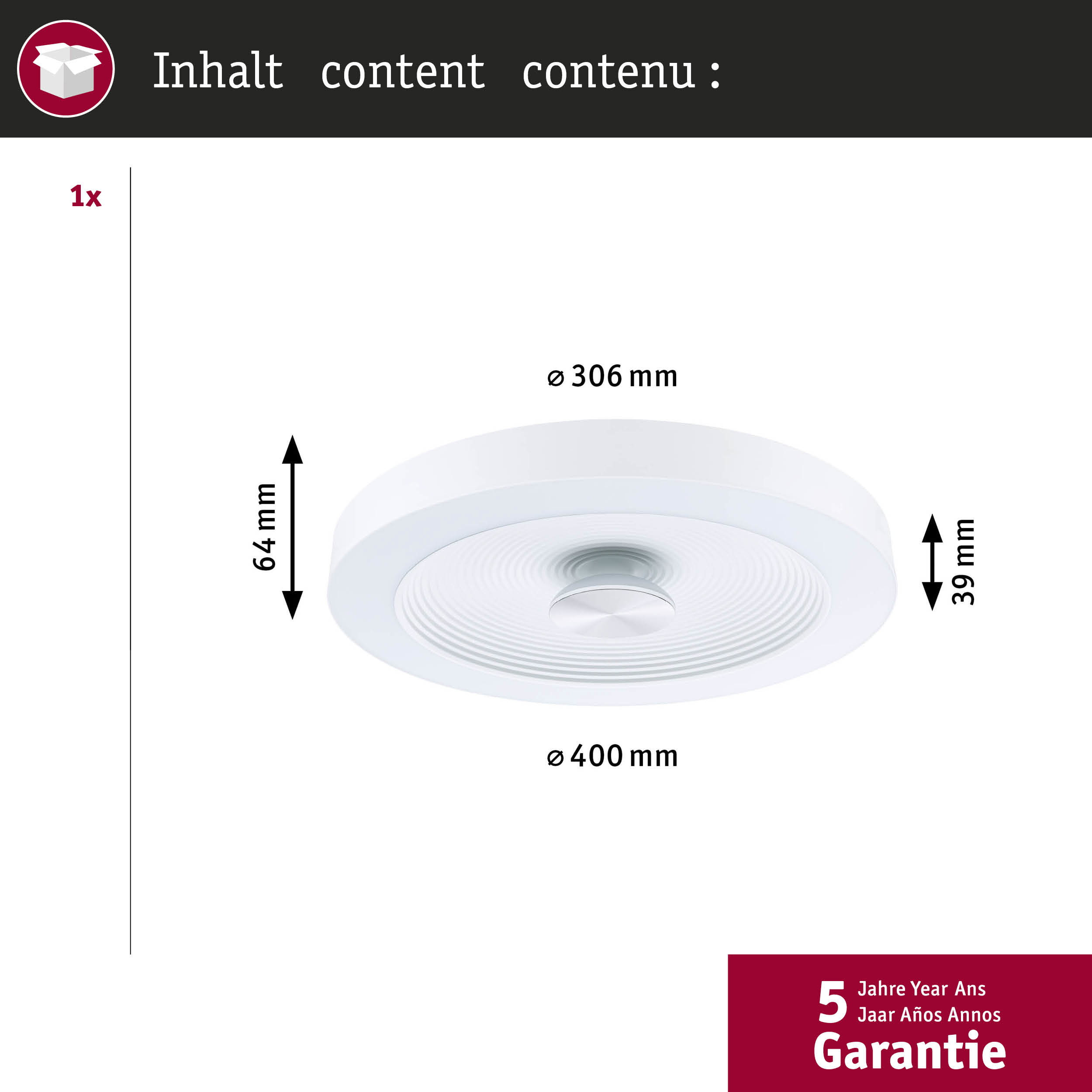 Weiße Deckenleuchte, Maße Ø 400 mm, Höhe 64 mm, Tiefe 39 mm.
