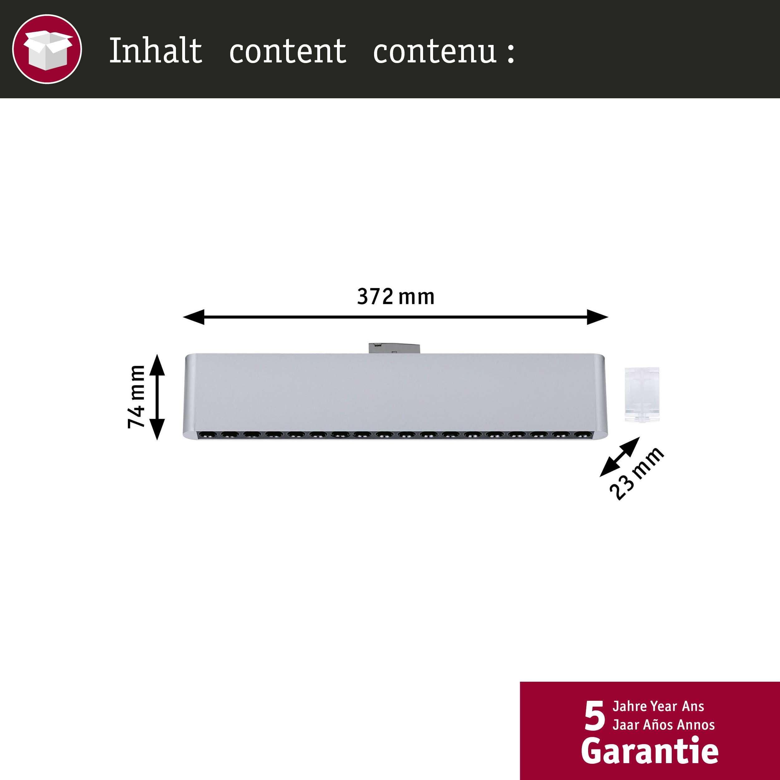 Silberne Steckdosenleiste, 372mm lang, 74mm hoch, 23mm tief.