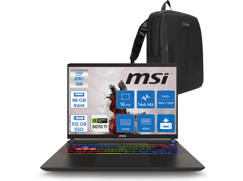 MSI Vector 16 RTX5070TI 12GB 140W A2XWHG091XTRF36 Intel Core Ultra 7 255HX 96 GB RAM 512 GB SSD 16 inç FreeDOS Laptop+Çanta Siyah